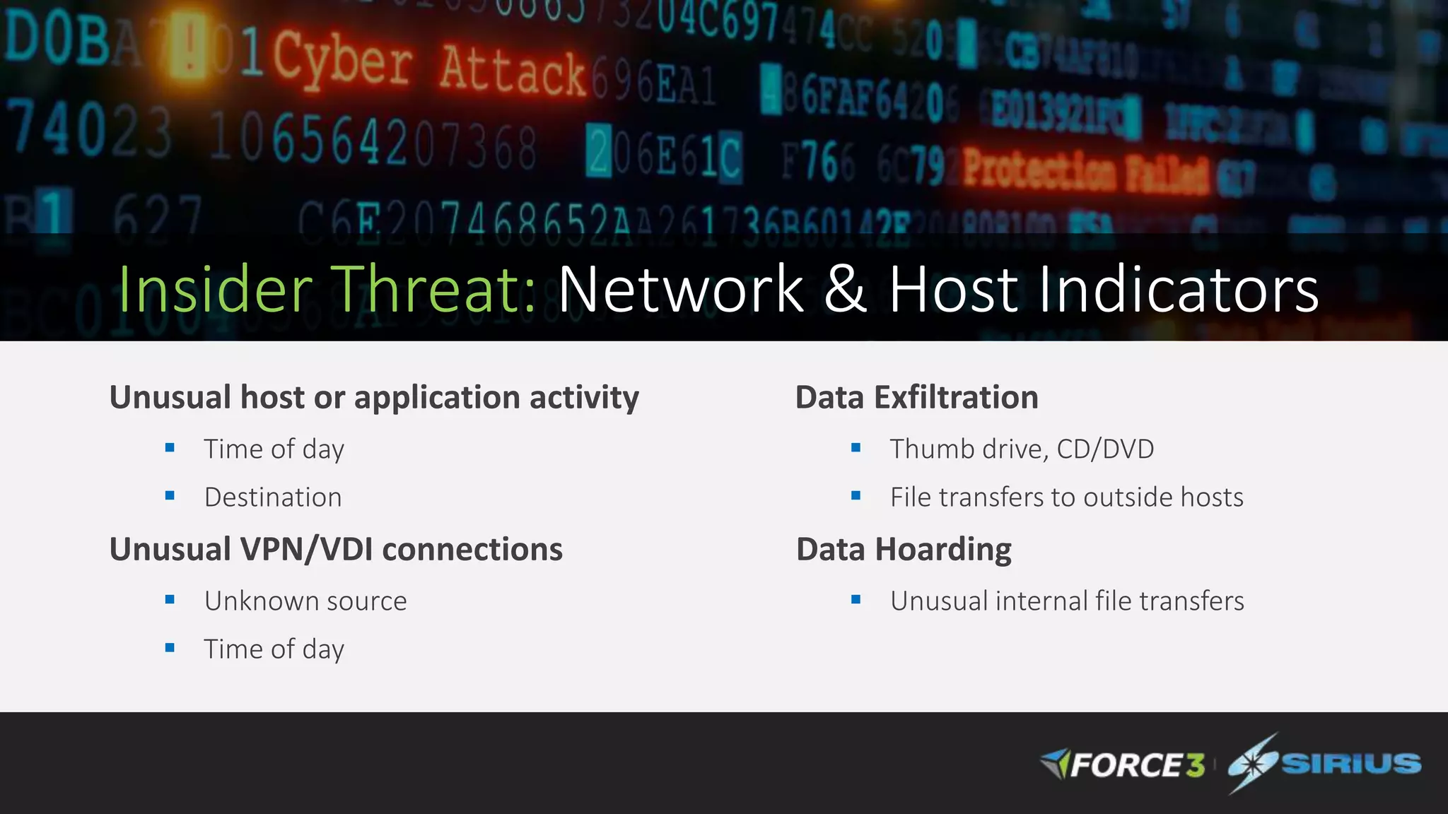 Insider Threat: Network & Host Indicators
Unusual host or application activity
 Time of day
 Destination
Unusual VPN/VDI connections
 Unknown source
 Time of day
Data Exfiltration
 Thumb drive, CD/DVD
 File transfers to outside hosts
Data Hoarding
 Unusual internal file transfers
 