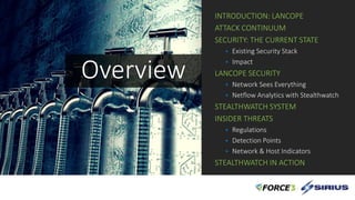 INTRODUCTION: LANCOPE
ATTACK CONTINUUM
SECURITY: THE CURRENT STATE
 Existing Security Stack
 Impact
LANCOPE SECURITY
 Network Sees Everything
 Netflow Analytics with Stealthwatch
STEALTHWATCH SYSTEM
INSIDER THREATS
 Regulations
 Detection Points
 Network & Host Indicators
STEALTHWATCH IN ACTION
Overview
 