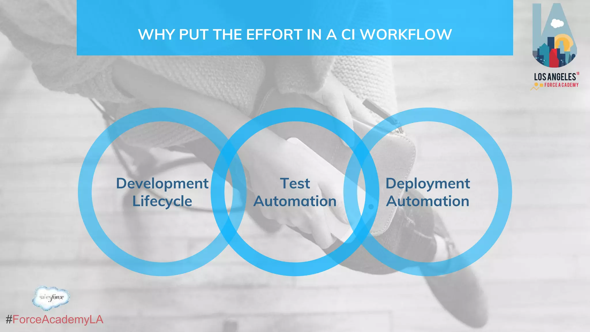 #ForceAcademyLA
WHY PUT THE EFFORT IN A CI WORKFLOW
Test
Automation
Deployment
Automation
Development
Lifecycle
 