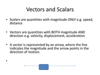 Vectors and Scalars
• Scalars are quantities with magnitude ONLY e.g. speed,
distance
• Vectors are quantities with BOTH magnitude AND
direction e.g. velocity, displacement, acceleration
• A vector is represented by an arrow, where the line
indicates the magnitude and the arrow points in the
direction of motion.
•
 