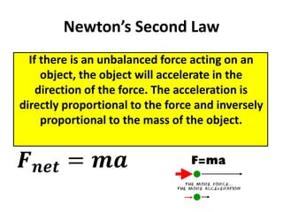 Newton’s Second Law
If there is an unbalanced force acting on an
object, the object will accelerate in the
direction of the force. The acceleration is
directly proportional to the force and inversely
proportional to the mass of the object.
𝑭 𝒏𝒆𝒕 = 𝒎𝒂
 