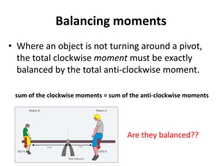 Balancing moments
• Where an object is not turning around a pivot,
the total clockwise moment must be exactly
balanced by the total anti-clockwise moment.
sum of the clockwise moments = sum of the anti-clockwise moments
Are they balanced??
 