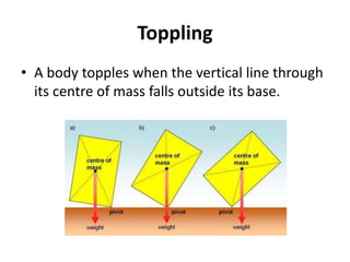 Toppling
• A body topples when the vertical line through
its centre of mass falls outside its base.
 