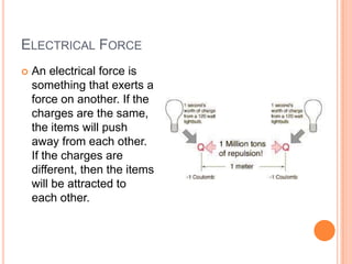 ELECTRICAL FORCE
 An electrical force is
something that exerts a
force on another. If the
charges are the same,
the items will push
away from each other.
If the charges are
different, then the items
will be attracted to
each other.
 