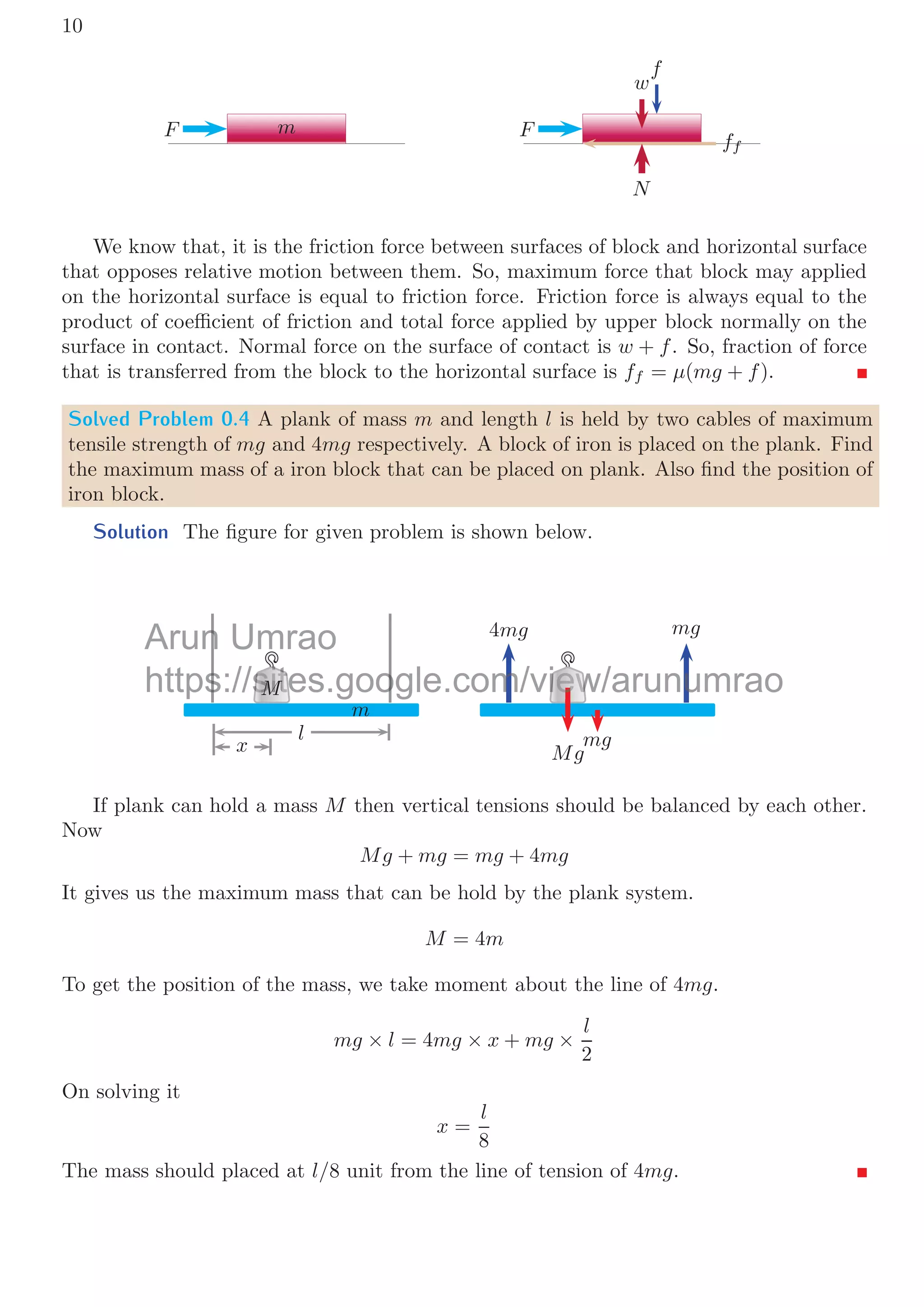 10
m
F F
ff
N
w
f
We know that, it is the friction force between surfaces of block and horizontal surface
that opposes relative motion between them. So, maximum force that block may applied
on the horizontal surface is equal to friction force. Friction force is always equal to the
product of coeﬃcient of friction and total force applied by upper block normally on the
surface in contact. Normal force on the surface of contact is w + f. So, fraction of force
that is transferred from the block to the horizontal surface is ff = μ(mg + f).
Solved Problem 0.4 A plank of mass m and length l is held by two cables of maximum
tensile strength of mg and 4mg respectively. A block of iron is placed on the plank. Find
the maximum mass of a iron block that can be placed on plank. Also ﬁnd the position of
iron block.
Solution The ﬁgure for given problem is shown below.
m
M
l
x
4mg mg
Mg
mg
If plank can hold a mass M then vertical tensions should be balanced by each other.
Now
Mg + mg = mg + 4mg
It gives us the maximum mass that can be hold by the plank system.
M = 4m
To get the position of the mass, we take moment about the line of 4mg.
mg × l = 4mg × x + mg ×
l
2
On solving it
x =
l
8
The mass should placed at l/8 unit from the line of tension of 4mg.
Arun
n Umrao
https://sites.google.com/view/arunumrao
s o
i
i
sit
t
t
t
t
t
t
t
t
t
t
t
t
t
t
t
t
t
t
t
t
t
t
t
t
t
t
t
t
t
t
t
t
t
t
t
t
t
t
t
t
t
t
t
t
t
t
t
t
t
t
t
t
t
t
t
t
t
t
t
t
t
t
t
t
t
t
t
t
t
t
t
t
t
t
t
t
t
i
i
i
i
i
i
i
i
i
i
i
i
i
i
i
i
i
i
i
i
i
i
i
i
i
i
i
s
s
s
s
s
s
s
s
s
s
s
s
s
s
s
s
s
s
s
s
s
s
s
s
s
s
s
s
s
s
s
s
s
s
s
s
s
s
s
s
s
s
s
s
s
s
s
s
s
s
s
s
s
s
s
s
s
s
s
s
s
s
s
s
s
s
s
s
s
s
s
s
s
s
s
s
s
s
s
s
s
s
s
s
s
s
s
s
s
s
s
s
s
s
s
s
s
s
s
s
s
s
s
s
s
s
s
site
M
M
M
M
M
M
M
M
M
M
M
M
M
M
M
M
M
M
M
M
M
M
M
M
M
M
M
M
M
M
M
M
M
M
M
M
M
M
M
M
M
M
M
M
M
M
M
M
M
M
M
M
M
M
M
M
M
M
M
M
M
M
M
M
M
M
M
M
M
M
M
M
M
M
M
M
M
M
M
M
M
M
M
M
M
M
M
M
M
M
M
M
M
M
M
M
M
M
M
M
M
M
M
M m u
ew
w
w
w
w
w
w
w
w
w
w
w
w
w
w
w
w
w
w
w
w
w
w
w
w
w
w
w
w
w
w
w
w
w
w
w
w
w
w
w
w
w
w
w
w
w
w
w
w
w
w
w
w
w
w
w
w
w
w
w
w
w
w
w
w
w
w
w
w
w
w
w
w
e
e
e
e
e
e
e
e
e
e
e
e
e
e
e
e
e
e
e
e
e
e
e
e
e
e
e
e
e
e
e
e
e
e
e
e
e
e
e
e
e
e
e
e
e
e
e
e
e
e
e
e
e
e
e
e
e
e
e
e
e
e
e
e
e
e
e
e
e
e
e
e
e
e
e
e
e
e
e
e
e
e
e
e
e
e
e
e
e
e
e
e
e
e
e
e
e
e
e
e
e
e
e
e
e
e
e
e
e
e
e
e
e
e
e
e
e
e
e
e
e
e
e
e
e
e
e
e
e
e
e
e
e
e
e
e
e
e
e
e
e
e
e
e
e
e
i
i
i
i
i
i
i
i
i
i
iew
e
 