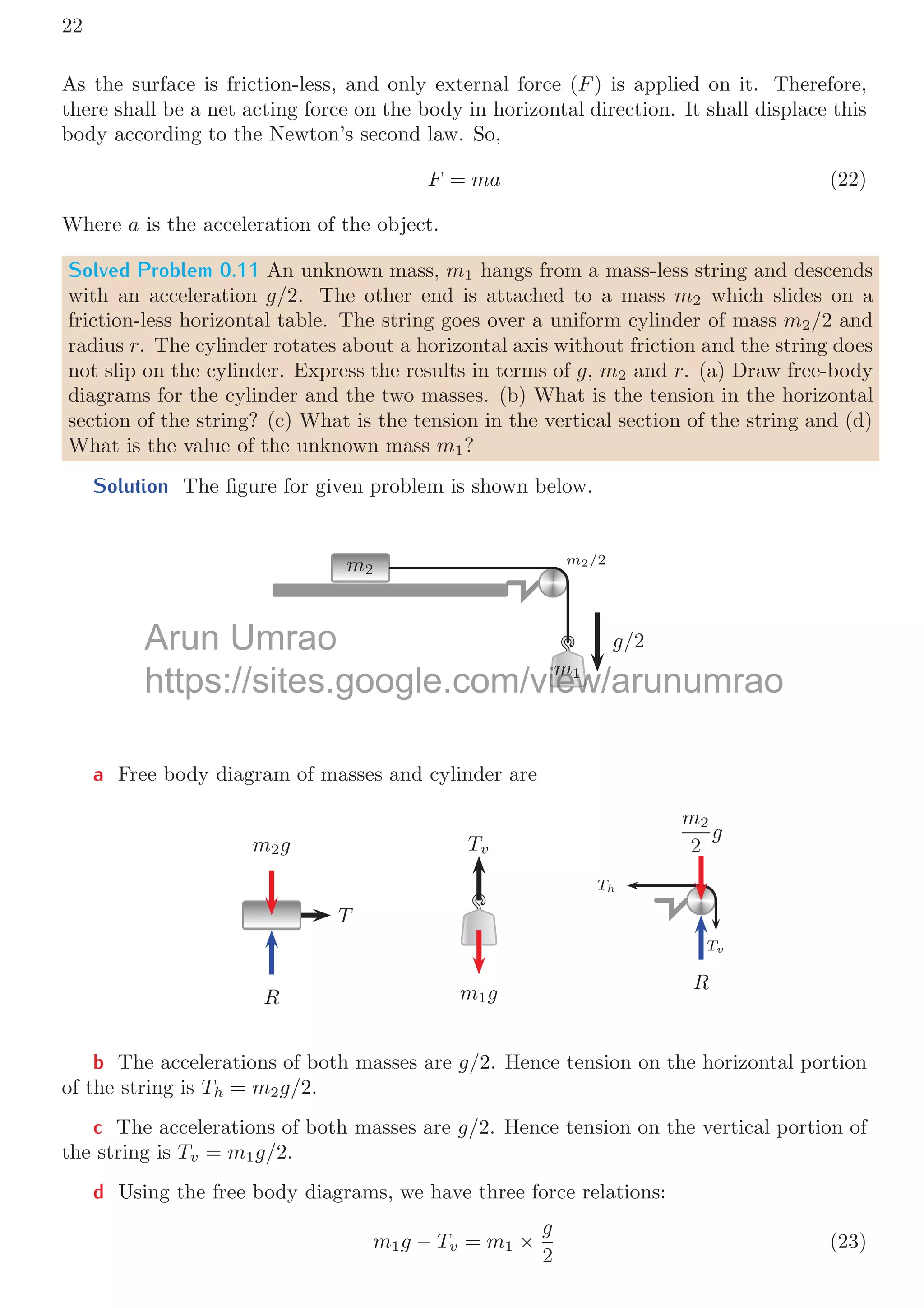 0.1. FORCE 19
mg
mg sin 60◦
mg cos 60◦
R
μR
mg
R
μR
Now the work done by friction force when ball moves from P to Q along the ramp.
W1 = μmg sin 60 × PQ
Similarly the work done by friction force while ball moves from Q to R is
W2 = μmg × QR
From the question, energy losses due to friction force are equal, hence
μmg sin 60 × PQ = μmg × QR
Again PQ is equal to 2/ sin30◦
, so QR is 2
√
3m. The ball moves under the gravitational
force but presence of frictional force makes a control ﬂow. The resultant acceleration of
the ball is a = g cos 60◦
− μg sin 60◦
. Velocity at the bottom of the sloped ramp is given
by
v2
= 8(g cos 60◦
− μg sin 60◦
)
Kinetic energy at the bottom of the sloped ramp is lost in the frictional motion of ball in
horizontal part of ramp.
KE = 4m(g cos 60◦
− μg sin 60◦
)
Now equating this kinetic energy to μmg × QR
μmg QR = 4m(g cos 60◦
− μg sin 60◦
)
On solving it, μ is approximately 0.29.
Solved Problem 0.10 Two mass m and M are placed at a ﬁnite distance over a friction-
less surface. Block M is moving towards the mass m with constant velocity of v. We have
to ﬁnd the velocity of center of mass of the mass system. Would the velocity of center of
mass be change if both masses are attached with mass-less spring?
Solution
M
v
m
l
x
M
v
m
l − vt
x
To get the velocity of center of mass of the mass system, we shall compute the change
in position of center of mass of the mass system in one second about mass m. And this
Arun Umrao
https://sites google com/view/arunumrao
( )
nergy at the bottom of the sloped ramp is lost in the frictional motion
nergy at the bottom of the sloped ramp is lost in the frictional motion
 