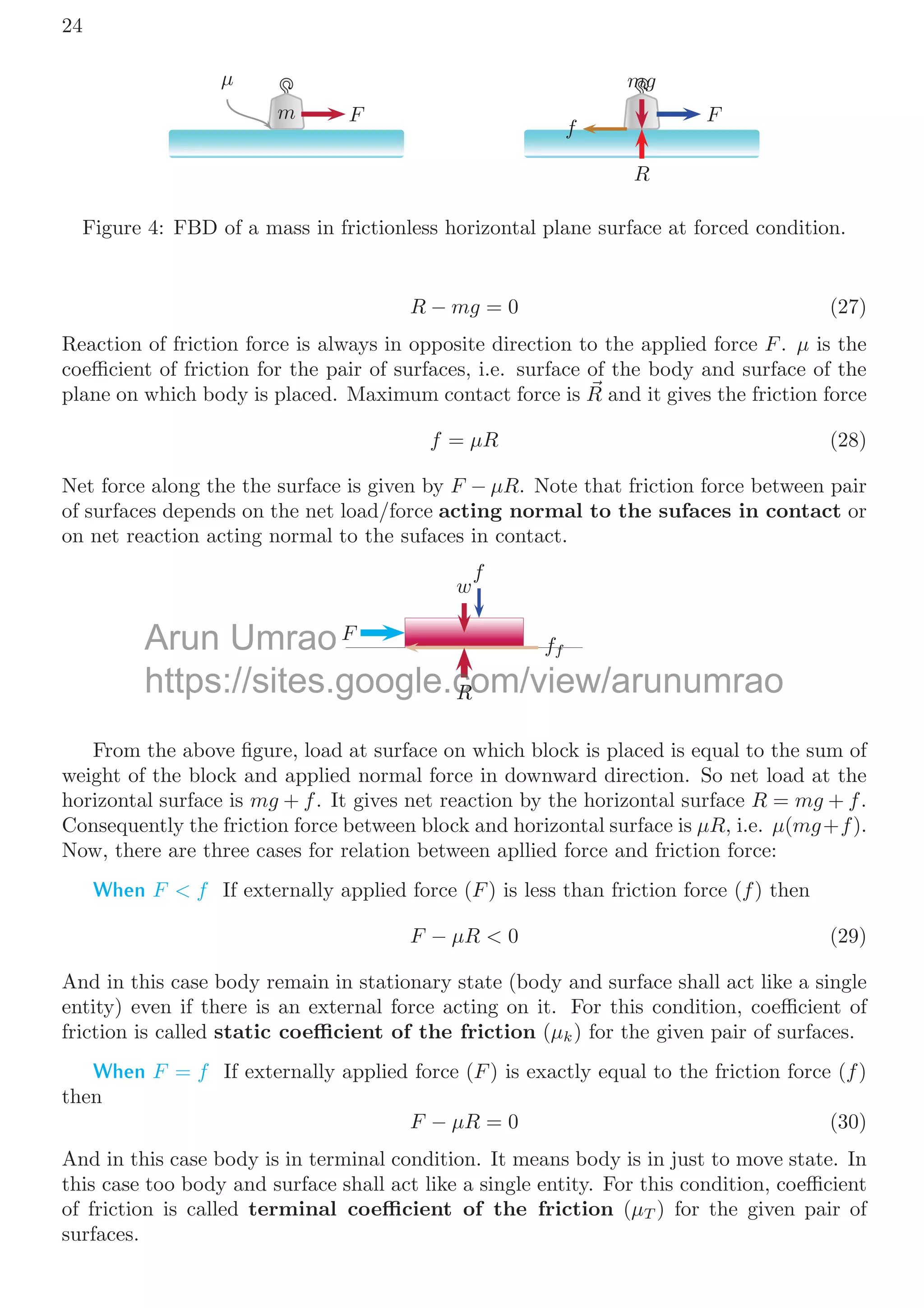 0.2. FREE BODY DIAGRAM 21
Pendulum does not displace in vertical direction, hence
T − mg = 0 (19)
0.2.2 FBD In Friction-less Horizontal Plane
In friction-less surfaces, it is assumed that there is no resisting forces between two surfaces
when they slide against each other. The coeﬃcient of friction for friction-less surface is
zero.
Object Without External Forces
An object is in rest over a horizontal plane, its weight force acts normally downward,
applying an action force to the surface of plane.
m mg
R
Figure 2: FBD of a mass in friction-less horizontal plane surface at rest condition.
Plane surface applied a reaction vertically upward on the object. These two forces
are in vertical direction or say normal to the surface and net displacement in vertical
direction is zero. hence
R − mg = 0 (20)
There is not any forces along the horizontal direction or say along the surface.
Object With External Forces
An object is placed in friction-less plane and a force (F) is applied on it parallel to the
surface. Due to its weight, a weigh force is acted on the surface by this mass, and equal
and opposite reaction force (R) is acted by surface on the body.
m
F F
mg
R
Figure 3: FBD of a mass in frictionless horizontal plane surface at forced condition.
As there is no vertical displacement of the object, hence algebraic sum of normal forces
shall be zero. Hence
R − mg = 0 (21)
Arun
surface
surface Umrao
applied a rea
applied a re
https://sites.google.com/view/arunumrao
rtical direction or say normal to the surface and net displacement in
rtical direction or say normal to the surface and net displacement in
is zero. hence
is zero. hence
 