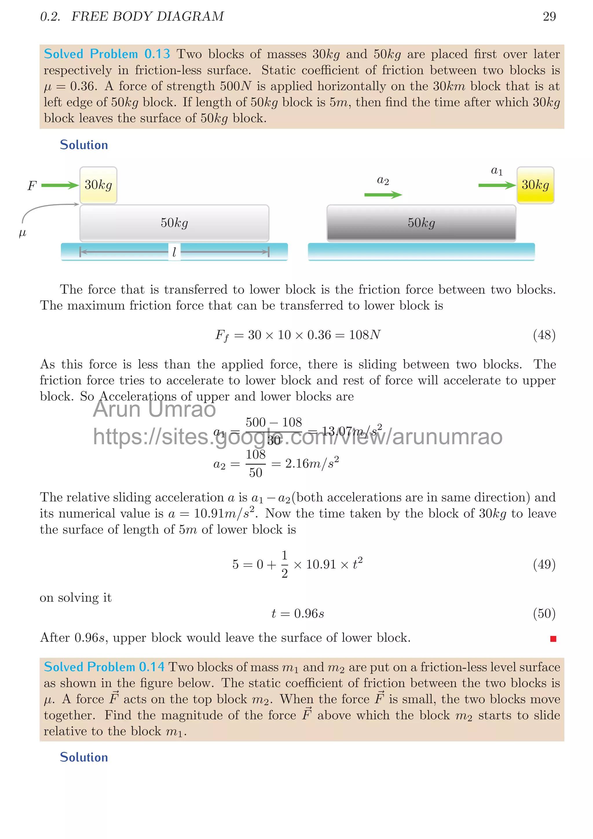 26
depend on the surfaces of the two blocks. In block m2, mass force m2g is balanced by
reaction R2. The net force along the surface of plane is
F − μ2R2 (36)
m1 m2 F
μ1 μ2
R1
m1g
μ1R1
F − μ2R2
R2
m2g
F − μ2R2
μ2R2
F
Figure 6: FBD of two body mass system in frictional horizontal plane surface at forced
state In Pull-Pull condition.
This net force passes to string as tension. This tension acts on the mass m1. In mass
m1, mass force m1g is balanced by reaction R1. Net horizontal force on the mass m1 is
F − μ2R2 − μ1R1 (37)
This is the net force that may displaced both objects right ward. If so, the acceleration
of the system is
F − μ1R1 − μ2R2 = (m1 + m2) × a (38)
One Over Other
A mass m2 is placed over another mass m1. These mass system is placed over a plane
surface. All the surface in contact have frictions. The coeﬃcient of friction between m1
and m2 is μ2 and m1  plane surface is μ1. The friction force between mass m2 and mass
m1 is μ2R2. This friction force tends to displace mass m1.
m1
m2
F
μ1
μ2
R1 + R2
m1g R2
μ1(R1 + R2)
μ2R2
R2
m2g
F
μ2R2
Figure 7: FBD of two body mass system in frictional horizontal plane surface at forced
state. One body is over to other.
h f
h f
Umrao
h
h
https://sites.google.com/view/arunumrao
y p j g ,
y p j g
stem is
stem is
( )
 