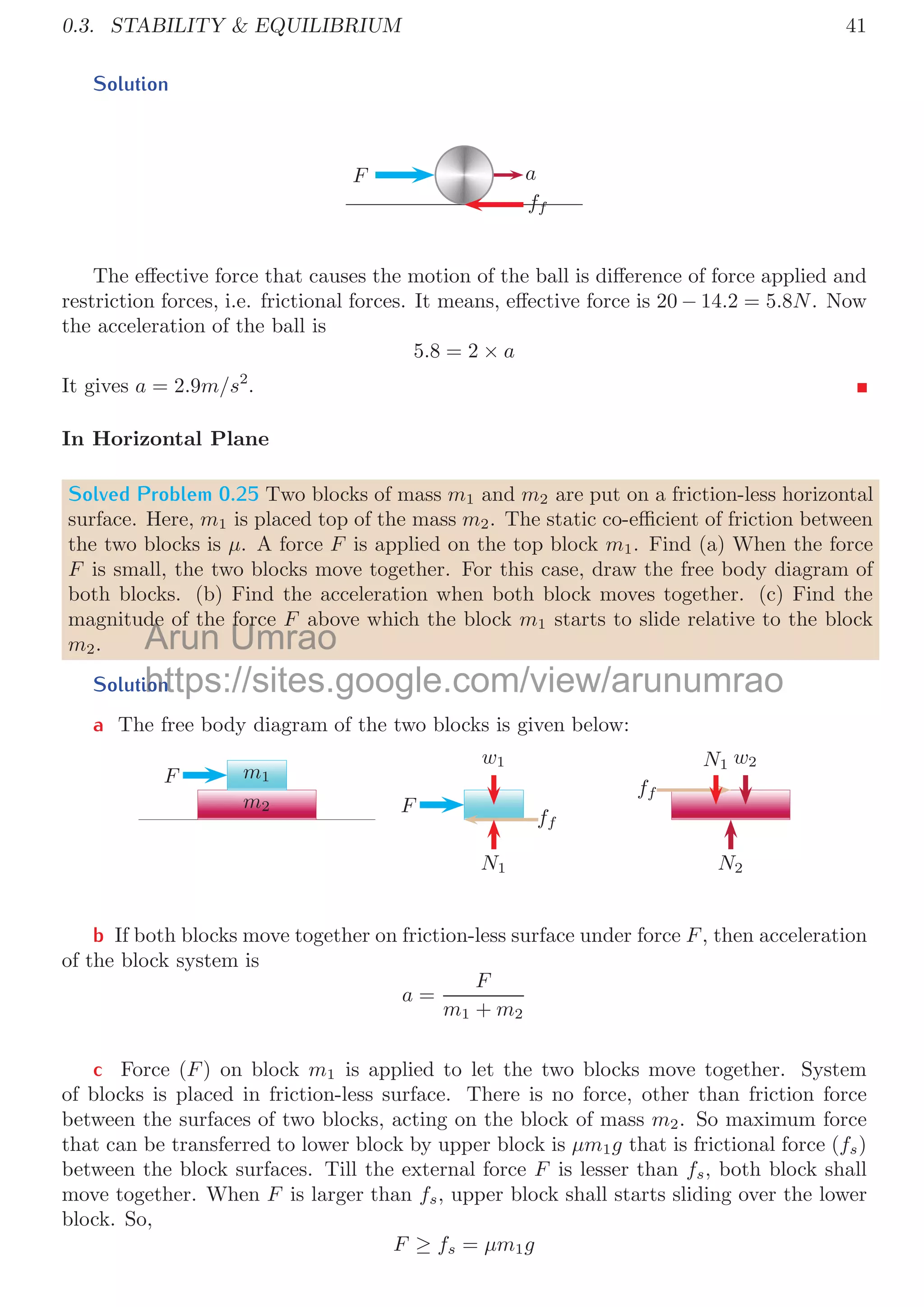 38
Solved Problem 0.21 A cylinder of mass M and radius R is lying on the street against
the side-walk. The height of side-walk is h. A rope is attached to the axis of cylinder
and force is applied by pulling it with an angle α with horizontal such that it is just lift
cylinder oﬀ the street. (a) What is the ratio of this force to the weight of the cylinder.
Express your answer in terms of α, θ, M and g, where θ is the angle between line joining
side-walk contact with axis of cylinder. (b) At what angle of α is the ratio as described
under question (a) is minimum or is maximum.
Solution A cylinder of mass m is lying on the street against the side-walk as shown
in the ﬁgure below. If cylinder is just to lift oﬀ then moment about the point P should
be balanced by force and mass force. Now
F
mg
α
θ P
F
mg
α
θ
P
R sin(θ + α)
R cos θ
F × R sin(θ + α) = mg × R cos θ
On simpliﬁcation, the ratio between force and mass weight should be
F
mg
=
cos θ
sin(θ + α)
This is ﬁrst part of the answer. Assume that the height of side walk will never be zero.
Direction of force can be changed from 0 to 90◦
in ﬁrst quadrant. Height of the side wall
ranges 0 ≤ h ≤ R.
F
mg
M
N
45
◦
P
F
mg
M
N
30
◦
P
F
mg
M
N
30
◦
60
◦
P
When force equals to the mass force, cylinder is lift oﬀ. The normal on force and mass
force from point P are equal θ = 45◦
and α = 0. For minimum ratio, normal on force
should be minimum in comparison to the normal on the mass force drawn from the point
P, ie if θ  450
moment by force F will be lesser than the moment by mass force and
ratio of F/mg will be minimum. Again at this case α = 0◦
. For maximum ratio, normal
on force should be maximum in comparison to the normal on the mass force drawn from
Arun Umrao
F
F
https://sites.google.com/view/arunumrao
iﬁcation, the ratio between force and mass weight should be
iﬁcation, the ratio between force and mass weight should be
 