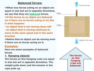 The forces 
on this 
hanging 
crate are 
balanced. 
Balanced forces: 
When two forces acting on an object are 
equal in size but act in opposite directions, 
we say that they are balanced forces. 
If the forces on an object are balanced 
(or if there are no forces acting on it) this 
is what happens: 
an object that is not moving stays still 
an object that is moving continues to 
move at the same speed and in the same 
direction 
Notice that an object can be moving even 
if there are no forces acting on it. 
Examples: 
Here are some examples of balanced 
forces. 
1. Hanging objects 
The forces on this hanging crate are equal 
in size but act in opposite directions. The 
weight pulls down and the tension in the 
rope pulls up. 
 
