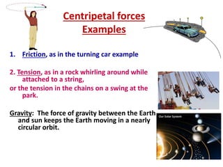 Centripetal forces 
Examples 
1. Friction, as in the turning car example 
2. Tension, as in a rock whirling around while 
attached to a string, 
or the tension in the chains on a swing at the 
park. 
Gravity: The force of gravity between the Earth 
and sun keeps the Earth moving in a nearly 
circular orbit. 
 