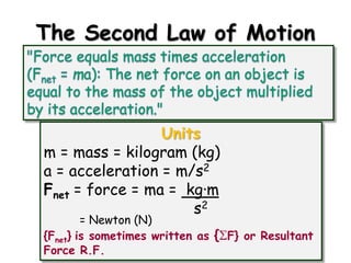 The Second Law of Motion 
Units 
m = mass = kilogram (kg) 
a = acceleration = m/s2 
Fnet = force = ma = kg∙m 
s2 
= Newton (N) 
{Fnet} is sometimes written as {SF} or Resultant 
Force R.F. 
 
