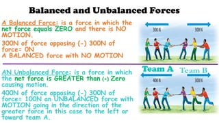 Balanced and Unbalanced Forces
A Balanced Force: is a force in which the
net force equals ZERO and there is NO
MOTION.
300N of force opposing (-) 300N of
force= 0N
A BALANCED force with NO MOTION
AN Unbalanced Force: is a force in which
the net force is GREATER than (>) Zero
causing motion.
400N of force opposing (-) 300N of
force= 100N an UNBALANCED force with
MOTION going in the direction of the
greater force in this case to the left or
toward team A.
Team B
 