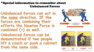 *Special information to remember about
Unbalanced Forces
Unbalanced forces can act in
the same direction. IF the
forces are combining their
efforts the Newton Force is
combined (+) as well.
Unbalanced forces can be
demonstrated if two people
lift a couch or push a cabinet
from the same side.
 