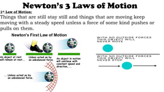 Newton’s 3 Laws of Motion
1st
Law of Motion:
Things that are still stay still and things that are moving keep
moving with a steady speed unless a force of some kind pushes or
pulls on them.
 