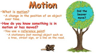 Motion
Motion
•What is motion?
•A change in the position of an object
over time.
•How do you know something is in
motion or has moved?
•You use a reference point!
• A stationary (not moving) object such as
a tree, street sign, or a line on the road.
Did the
beaver
move?
 