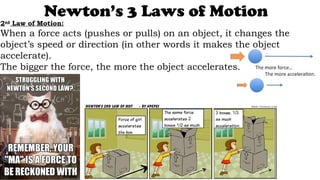 Newton’s 3 Laws of Motion
2nd
Law of Motion:
When a force acts (pushes or pulls) on an object, it changes the
object’s speed or direction (in other words it makes the object
accelerate).
The bigger the force, the more the object accelerates.
 