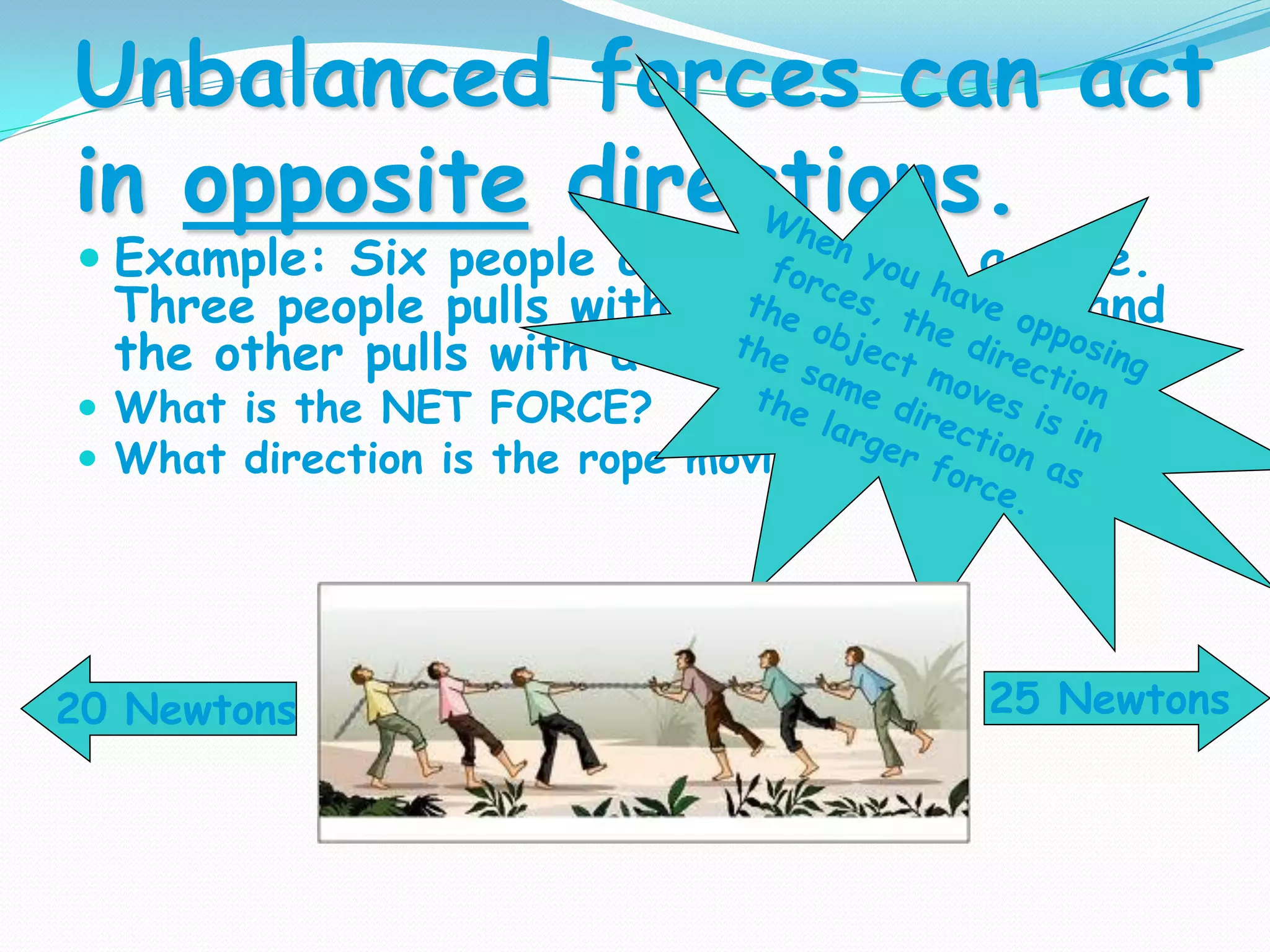 Unbalanced forces can act
in opposite directions.
 Example: Six people are tugging on a rope.
Three people pulls with a force of 20N and
the other pulls with a force of 25N.
 What is the NET FORCE?
 What direction is the rope moving?
25 Newtons20 Newtons
 