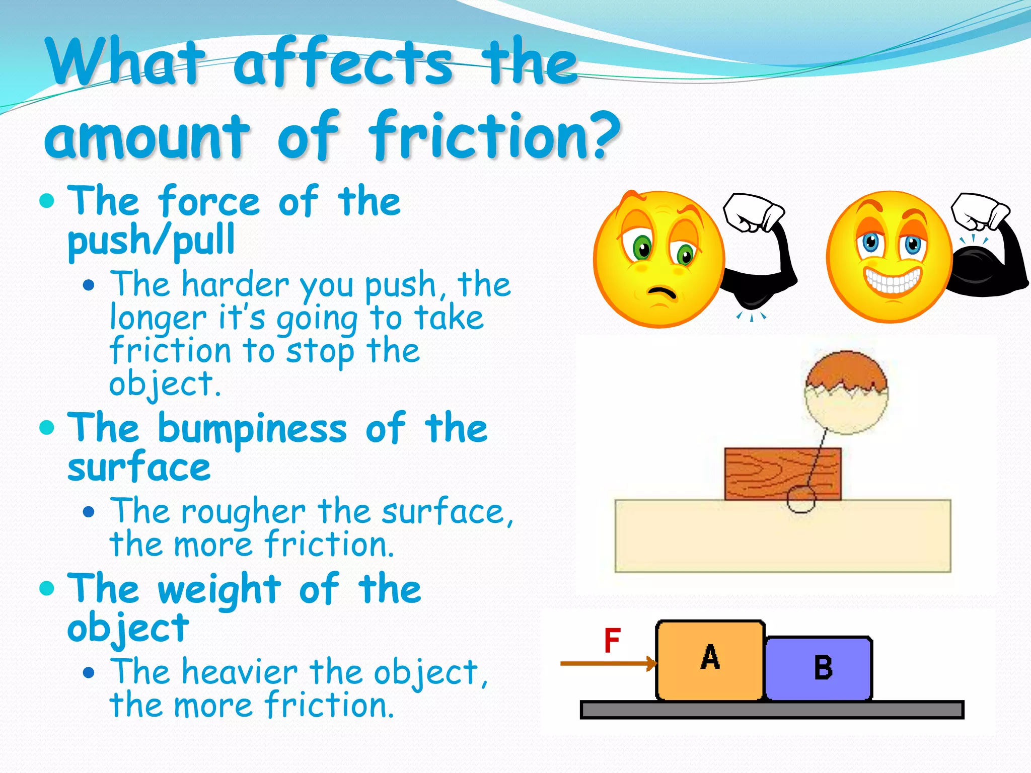 What affects the
amount of friction?
 The force of the
push/pull
 The harder you push, the
longer it’s going to take
friction to stop the
object.
 The bumpiness of the
surface
 The rougher the surface,
the more friction.
 The weight of the
object
 The heavier the object,
the more friction.
 