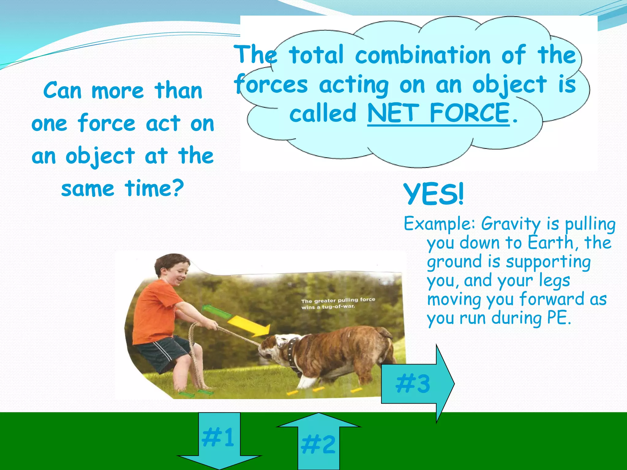 Can more than
one force act on
an object at the
same time?
#2
#3
#1
YES!
Example: Gravity is pulling
you down to Earth, the
ground is supporting
you, and your legs
moving you forward as
you run during PE.
The total combination of the
forces acting on an object is
called NET FORCE.
 