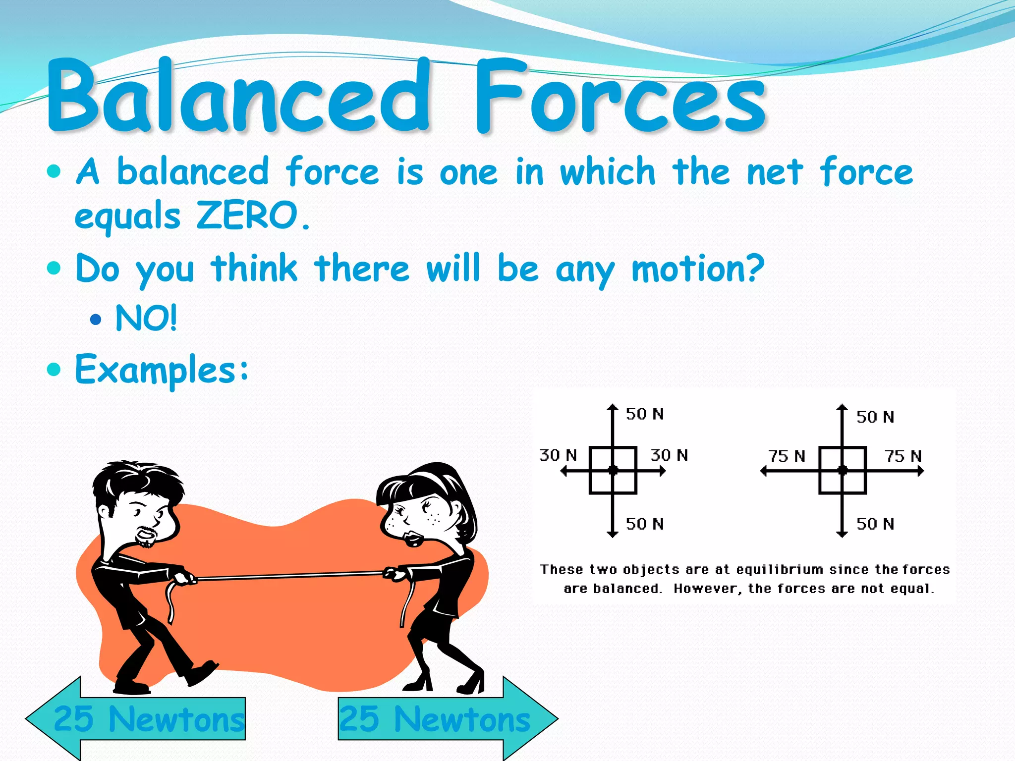 Balanced Forces
 A balanced force is one in which the net force
equals ZERO.
 Do you think there will be any motion?
 NO!
 Examples:
25 Newtons 25 Newtons
 