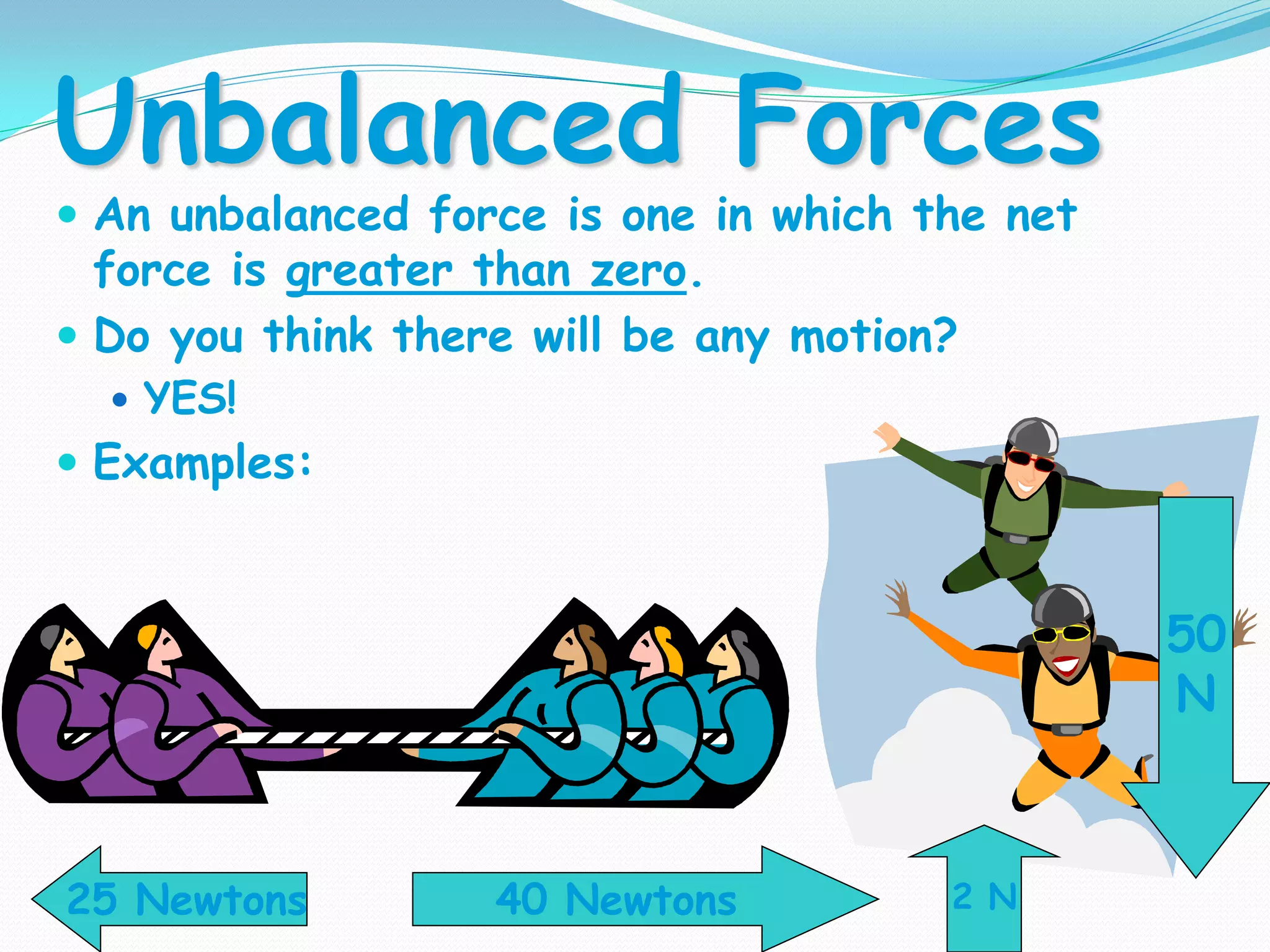 Unbalanced Forces
 An unbalanced force is one in which the net
force is greater than zero.
 Do you think there will be any motion?
 YES!
 Examples:
25 Newtons 40 Newtons 2 N
50
N
 