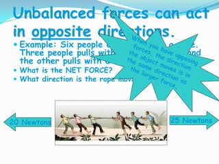 Unbalanced forces can act
in opposite directions.
 Example: Six people are tugging on a rope.
Three people pulls with a force of 20N and
the other pulls with a force of 25N.
 What is the NET FORCE?
 What direction is the rope moving?
25 Newtons20 Newtons
 