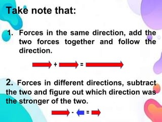 Take note that:
1. Forces in the same direction, add the
two forces together and follow the
direction.
2. Forces in different directions, subtract
the two and figure out which direction was
the stronger of the two.
 