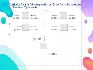 2.
3. 4.
F1 = 369 N F2 = 451 N F1 = 555 N F2 = 275 N
F1 = 1050
N
F2 = 750 N F1 = 650 N F2 = 925 N
5.
F1 = 1650
N
F2 = 850 N
Compute for the following netforce. Show formula, solution
and answer. 2 pts each
 