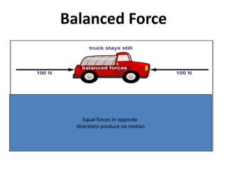 Balanced Force




     Equal forces in opposite
  directions produce no motion
 