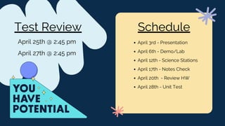 Test Review
April 25th @ 2:45 pm
April 27th @ 2:45 pm
Schedule
April 3rd - Presentation
April 6th - Demo/Lab
April 12th - Science Stations
April 17th - Notes Check
April 20th - Review HW
April 28th - Unit Test
 