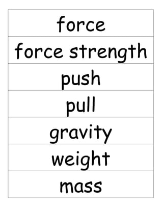 force
force strength
     push
      pull
    gravity
    weight
     mass
 
