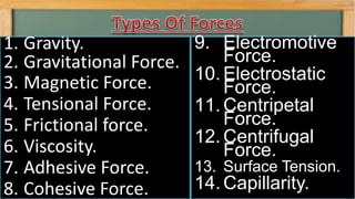 1. Gravity.
2. Gravitational Force.
3. Magnetic Force.
4. Tensional Force.
5. Frictional force.
6. Viscosity.
7. Adhesive Force.
8. Cohesive Force.
9. Electromotive
Force.
10. Electrostatic
Force.
11. Centripetal
Force.
12. Centrifugal
Force.
13. Surface Tension.
14. Capillarity.
 