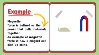 .
Example
Magnetic
force is defined as the
power that pulls materials
together.
An example of magnetic
force is how a magnet can
pick up coins.
 