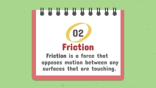 Friction
Friction is a force that
opposes motion between any
surfaces that are touching.
02
 