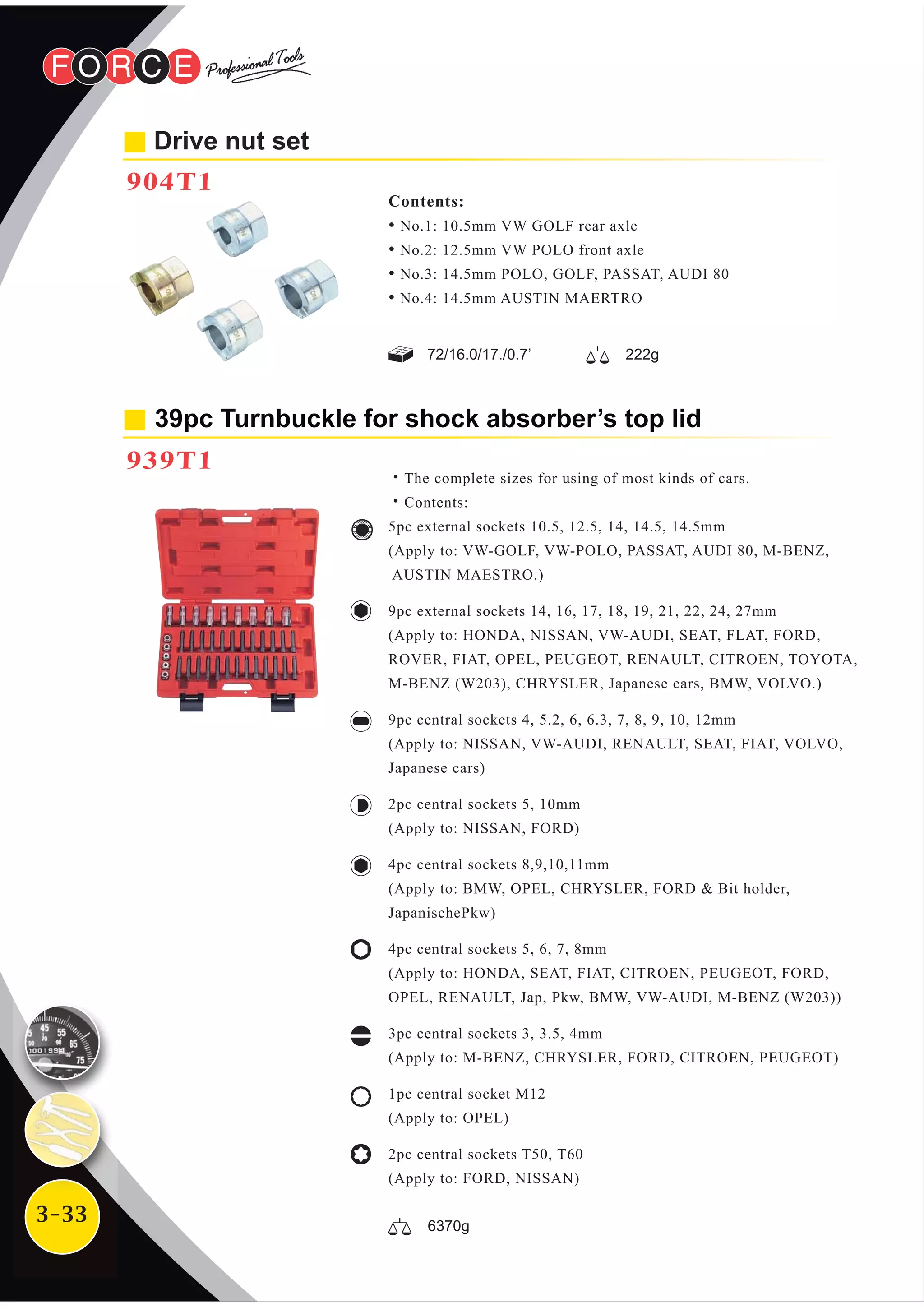 3-33
39pc Turnbuckle for shock absorber’s top lid
939T1
˙The complete sizes for using of most kinds of cars.
˙Contents:
5pc external sockets 10.5, 12.5, 14, 14.5, 14.5mm
(Apply to: VW-GOLF, VW-POLO, PASSAT, AUDI 80, M-BENZ,
AUSTIN MAESTRO.)
9pc external sockets 14, 16, 17, 18, 19, 21, 22, 24, 27mm
(Apply to: HONDA, NISSAN, VW-AUDI, SEAT, FLAT, FORD,
ROVER, FIAT, OPEL, PEUGEOT, RENAULT, CITROEN, TOYOTA,
M-BENZ (W203), CHRYSLER, Japanese cars, BMW, VOLVO.)
9pc central sockets 4, 5.2, 6, 6.3, 7, 8, 9, 10, 12mm
(Apply to: NISSAN, VW-AUDI, RENAULT, SEAT, FIAT, VOLVO,
Japanese cars)
2pc central sockets 5, 10mm
(Apply to: NISSAN, FORD)
4pc central sockets 8,9,10,11mm
(Apply to: BMW, OPEL, CHRYSLER, FORD & Bit holder,
JapanischePkw)
4pc central sockets 5, 6, 7, 8mm
(Apply to: HONDA, SEAT, FIAT, CITROEN, PEUGEOT, FORD,
OPEL, RENAULT, Jap, Pkw, BMW, VW-AUDI, M-BENZ (W203))
3pc central sockets 3, 3.5, 4mm
(Apply to: M-BENZ, CHRYSLER, FORD, CITROEN, PEUGEOT)
1pc central socket M12
(Apply to: OPEL)
2pc central sockets T50, T60
(Apply to: FORD, NISSAN)
Drive nut set
904T1
Contents:
• No.1: 10.5mm VW GOLF rear axle
• No.2: 12.5mm VW POLO front axle
• No.3: 14.5mm POLO, GOLF, PASSAT, AUDI 80
• No.4: 14.5mm AUSTIN MAERTRO
72/16.0/17./0.7’ 222g
6370g
 