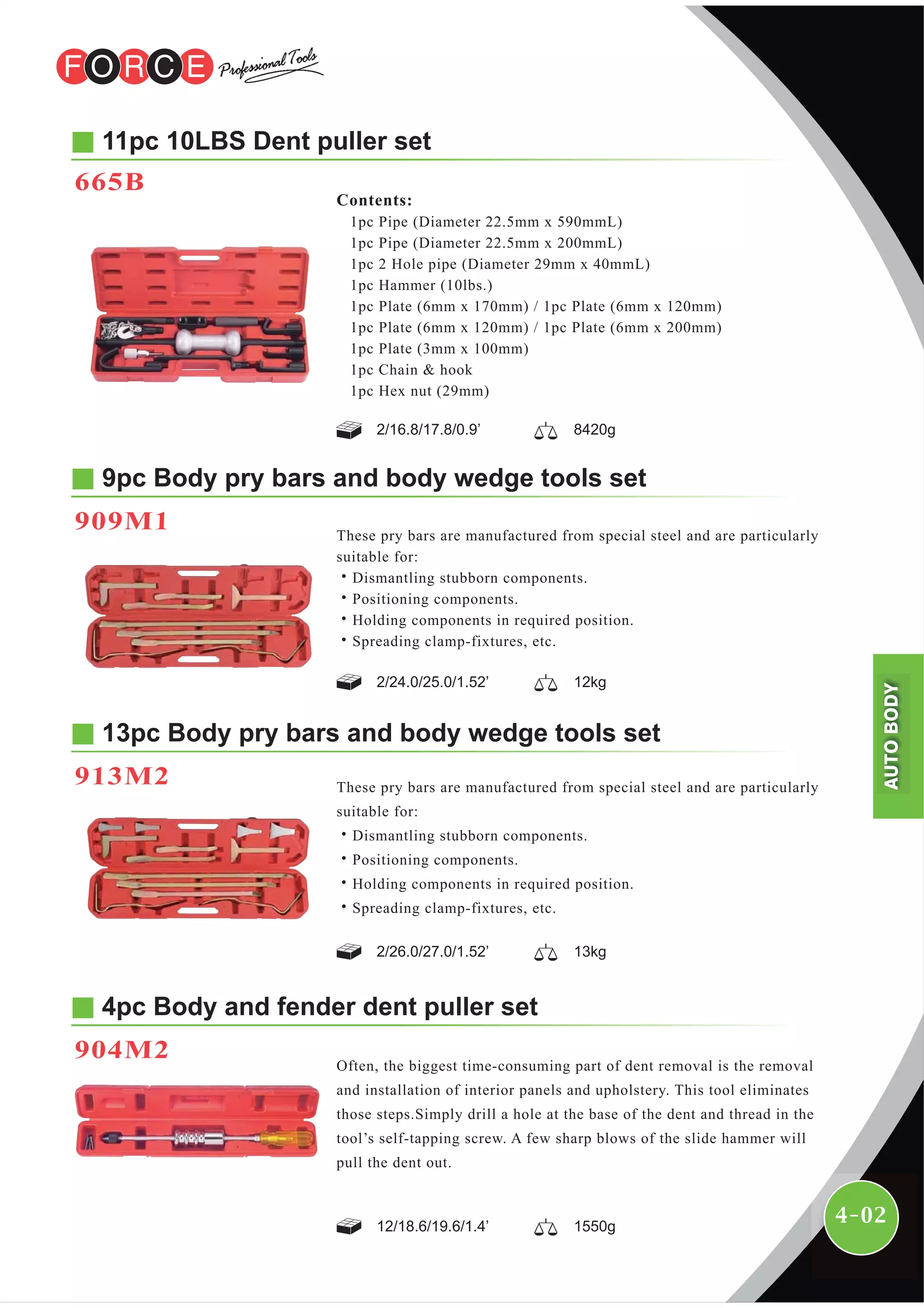 4-02
9pc Body pry bars and body wedge tools set
909M1 These pry bars are manufactured from special steel and are particularly
suitable for:
˙Dismantling stubborn components.
˙Positioning components.
˙Holding components in required position.
˙Spreading clamp-fixtures, etc.
13pc Body pry bars and body wedge tools set
913M2 These pry bars are manufactured from special steel and are particularly
suitable for:
˙Dismantling stubborn components.
˙Positioning components.
˙Holding components in required position.
˙Spreading clamp-fixtures, etc.
4pc Body and fender dent puller set
904M2
12/18.6/19.6/1.4’ 1550g
2/26.0/27.0/1.52’ 13kg
2/24.0/25.0/1.52’ 12kg
Often, the biggest time-consuming part of dent removal is the removal
and installation of interior panels and upholstery. This tool eliminates
those steps.Simply drill a hole at the base of the dent and thread in the
tool’s self-tapping screw. A few sharp blows of the slide hammer will
pull the dent out.
11pc 10LBS Dent puller set
665B
Contents:
1pc Pipe (Diameter 22.5mm x 590mmL)
1pc Pipe (Diameter 22.5mm x 200mmL)
1pc 2 Hole pipe (Diameter 29mm x 40mmL)
1pc Hammer (10lbs.)
1pc Plate (6mm x 170mm) / 1pc Plate (6mm x 120mm)
1pc Plate (6mm x 120mm) / 1pc Plate (6mm x 200mm)
1pc Plate (3mm x 100mm)
1pc Chain & hook
1pc Hex nut (29mm)
2/16.8/17.8/0.9’ 8420g
AUTOBODY
 