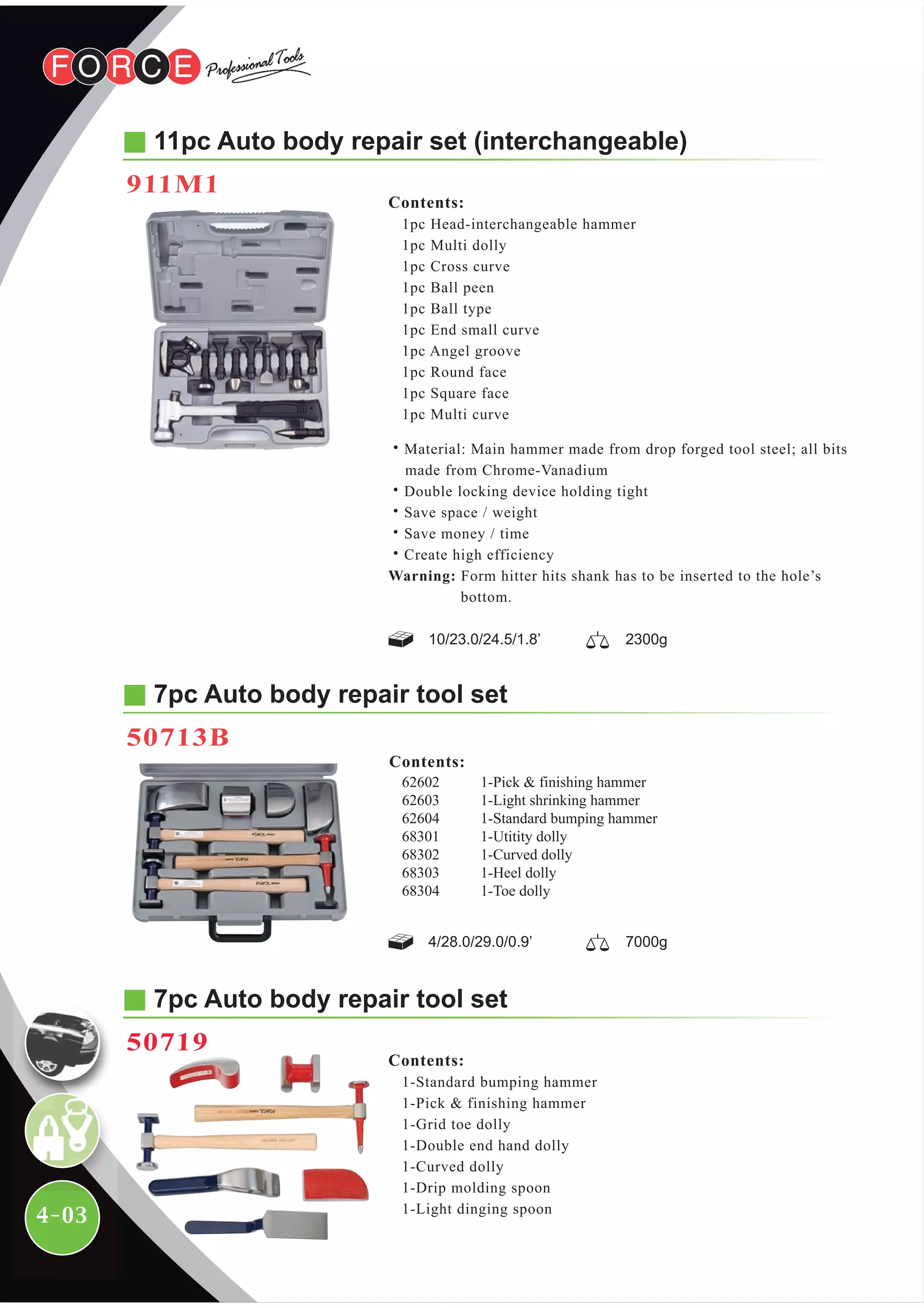 4-03
11pc Auto body repair set (interchangeable)
911M1
Contents:
1pc Head-interchangeable hammer
1pc Multi dolly
1pc Cross curve
1pc Ball peen
1pc Ball type
1pc End small curve
1pc Angel groove
1pc Round face
1pc Square face
1pc Multi curve
˙Material: Main hammer made from drop forged tool steel; all bits
made from Chrome-Vanadium
˙Double locking device holding tight
˙Save space / weight
˙Save money / time
˙Create high efficiency
Warning: Form hitter hits shank has to be inserted to the hole’s
bottom.
10/23.0/24.5/1.8’ 2300g
7pc Auto body repair tool set
50713B
4/28.0/29.0/0.9’ 7000g
7pc Auto body repair tool set
50719
Contents:
1-Standard bumping hammer
1-Pick & finishing hammer
1-Grid toe dolly
1-Double end hand dolly
1-Curved dolly
1-Drip molding spoon
1-Light dinging spoon
62602
62603
62604
68301
68302
68303
68304
Contents:
1-Pick & finishing hammer
1-Light shrinking hammer
1-Standard bumping hammer
1-Utitity dolly
1-Curved dolly
1-Heel dolly
1-Toe dolly
 