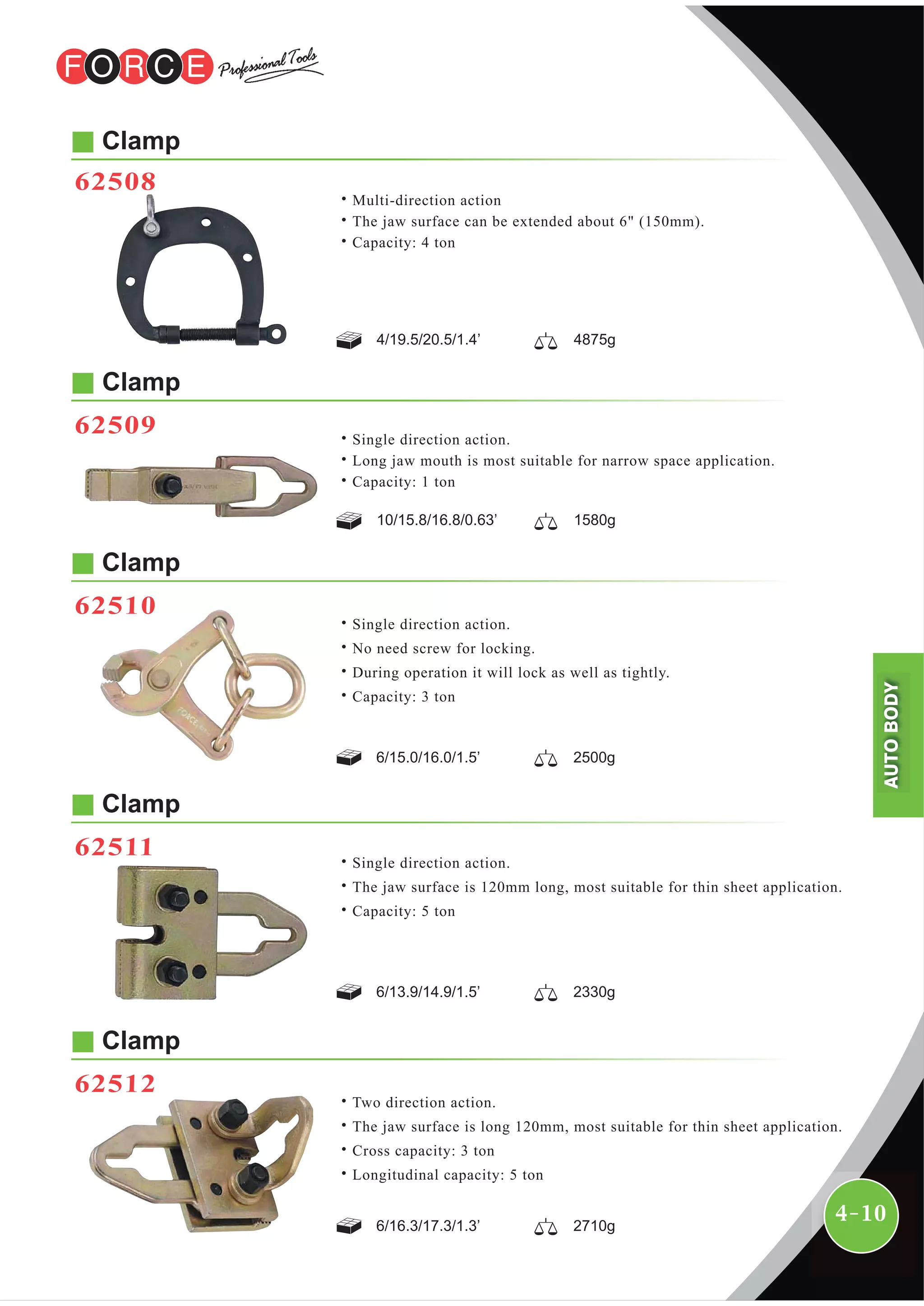4-10
Clamp
62509
Clamp
62510
Clamp
62511
Clamp
62512
AUTOBODY
˙Single direction action.
˙Long jaw mouth is most suitable for narrow space application.
˙Capacity: 1 ton
10/15.8/16.8/0.63’ 1580g
6/15.0/16.0/1.5’ 2500g
˙Single direction action.
˙No need screw for locking.
˙During operation it will lock as well as tightly.
˙Capacity: 3 ton
6/13.9/14.9/1.5’ 2330g
˙Single direction action.
˙The jaw surface is 120mm long, most suitable for thin sheet application.
˙Capacity: 5 ton
6/16.3/17.3/1.3’ 2710g
˙Two direction action.
˙The jaw surface is long 120mm, most suitable for thin sheet application.
˙Cross capacity: 3 ton
˙Longitudinal capacity: 5 ton
Clamp
62508
˙Multi-direction action
˙The jaw surface can be extended about 6" (150mm).
˙Capacity: 4 ton
4/19.5/20.5/1.4’ 4875g
 