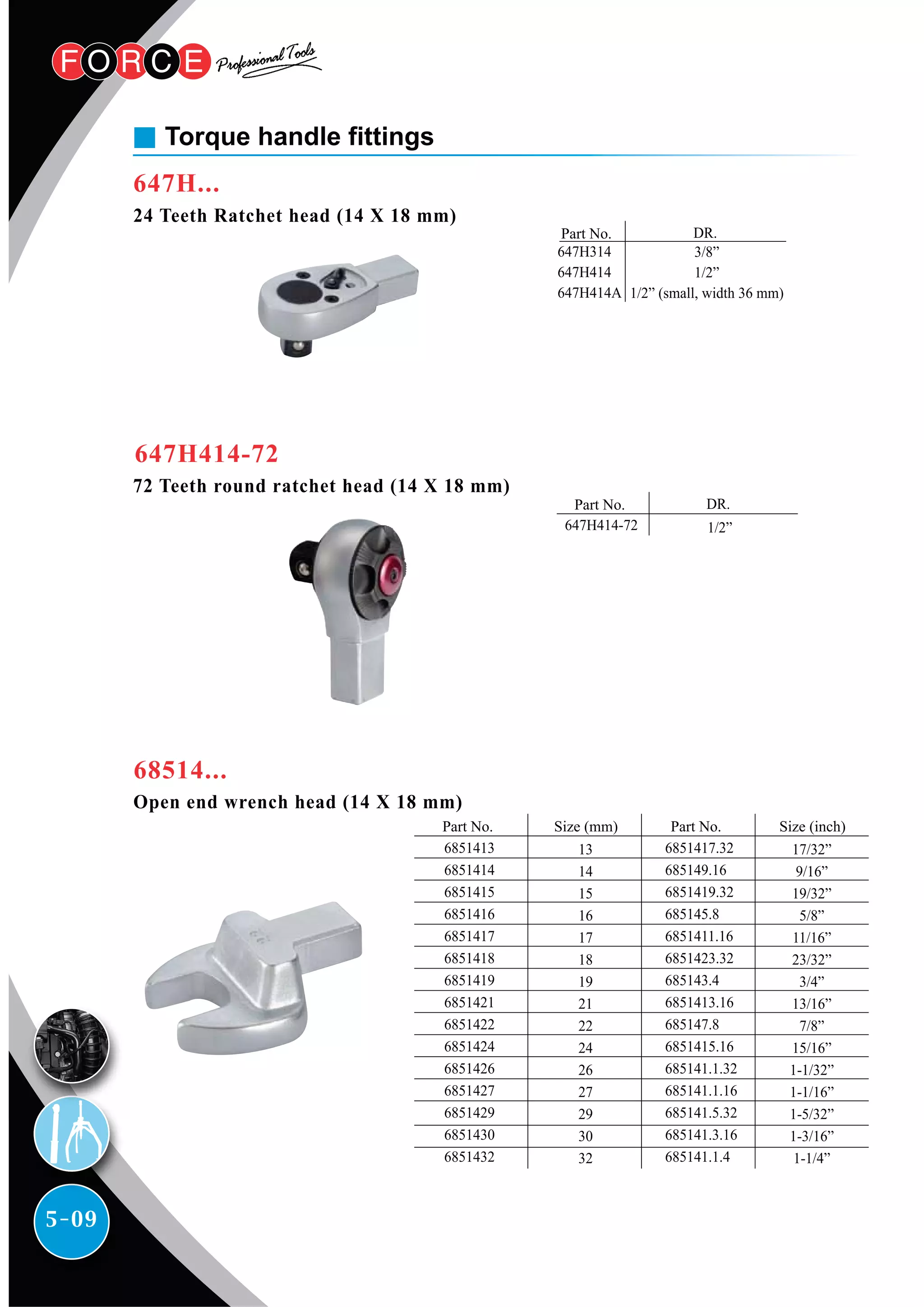 5-09
Torque handle fittings
72 Teeth round ratchet head (14 X 18 mm)
24 Teeth Ratchet head (14 X 18 mm)
Part No. DR.
3/8”
1/2”
1/2” (small, width 36 mm)
647H314
647H414
647H414A
DR.
1/2”
Part No.
647H414-72
Part No. Part No.Size (mm) Size (inch)
13
14
15
16
17
18
19
21
22
24
26
27
29
30
32
17/32”
9/16”
19/32”
5/8”
11/16”
23/32”
3/4”
13/16”
7/8”
15/16”
1-1/32”
1-1/16”
1-5/32”
1-3/16”
1-1/4”
6851413
6851414
6851415
6851416
6851417
6851418
6851419
6851421
6851422
6851424
6851426
6851427
6851429
6851430
6851432
6851417.32
685149.16
6851419.32
685145.8
6851411.16
6851423.32
685143.4
6851413.16
685147.8
6851415.16
685141.1.32
685141.1.16
685141.5.32
685141.3.16
685141.1.4
647H...
647H414-72
Open end wrench head (14 X 18 mm)
68514...
 