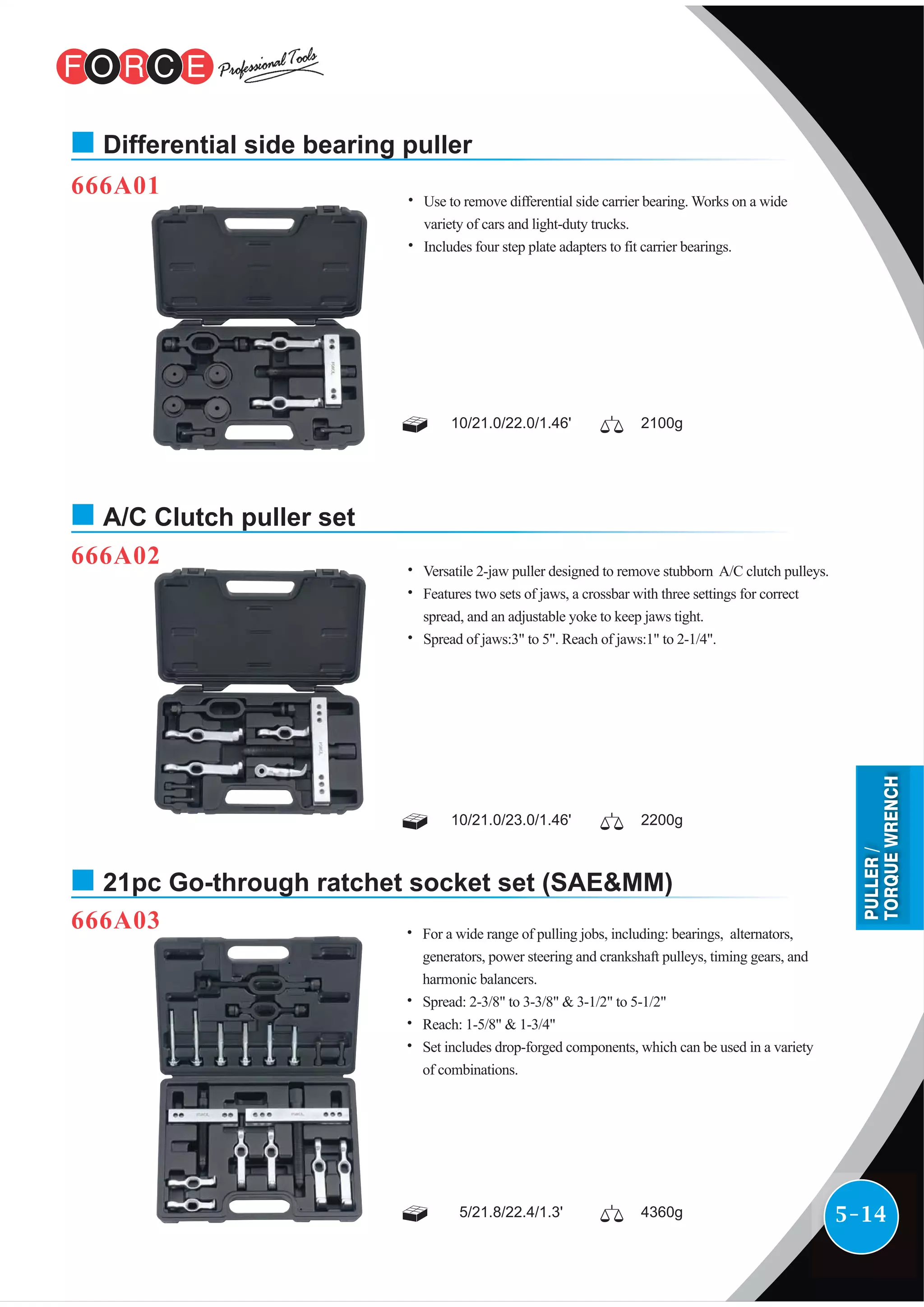5-14
666A01
Differential side bearing puller
10/21.0/22.0/1.46' 2100g
˙ Use to remove differential side carrier bearing. Works on a wide
variety of cars and light-duty trucks.
˙ Includes four step plate adapters to fit carrier bearings.
666A02
A/C Clutch puller set
10/21.0/23.0/1.46' 2200g
˙ Versatile 2-jaw puller designed to remove stubborn A/C clutch pulleys.
˙ Features two sets of jaws, a crossbar with three settings for correct
spread, and an adjustable yoke to keep jaws tight.
˙ Spread of jaws:3" to 5". Reach of jaws:1" to 2-1/4".
666A03 ˙ For a wide range of pulling jobs, including: bearings, alternators,
generators, power steering and crankshaft pulleys, timing gears, and
harmonic balancers.
˙ Spread: 2-3/8" to 3-3/8" & 3-1/2" to 5-1/2"
˙ Reach: 1-5/8" & 1-3/4"
˙ Set includes drop-forged components, which can be used in a variety
of combinations.
5/21.8/22.4/1.3' 4360g
21pc Go-through ratchet socket set (SAE&MM)
PULLER/
TORQUEWRENCH
 