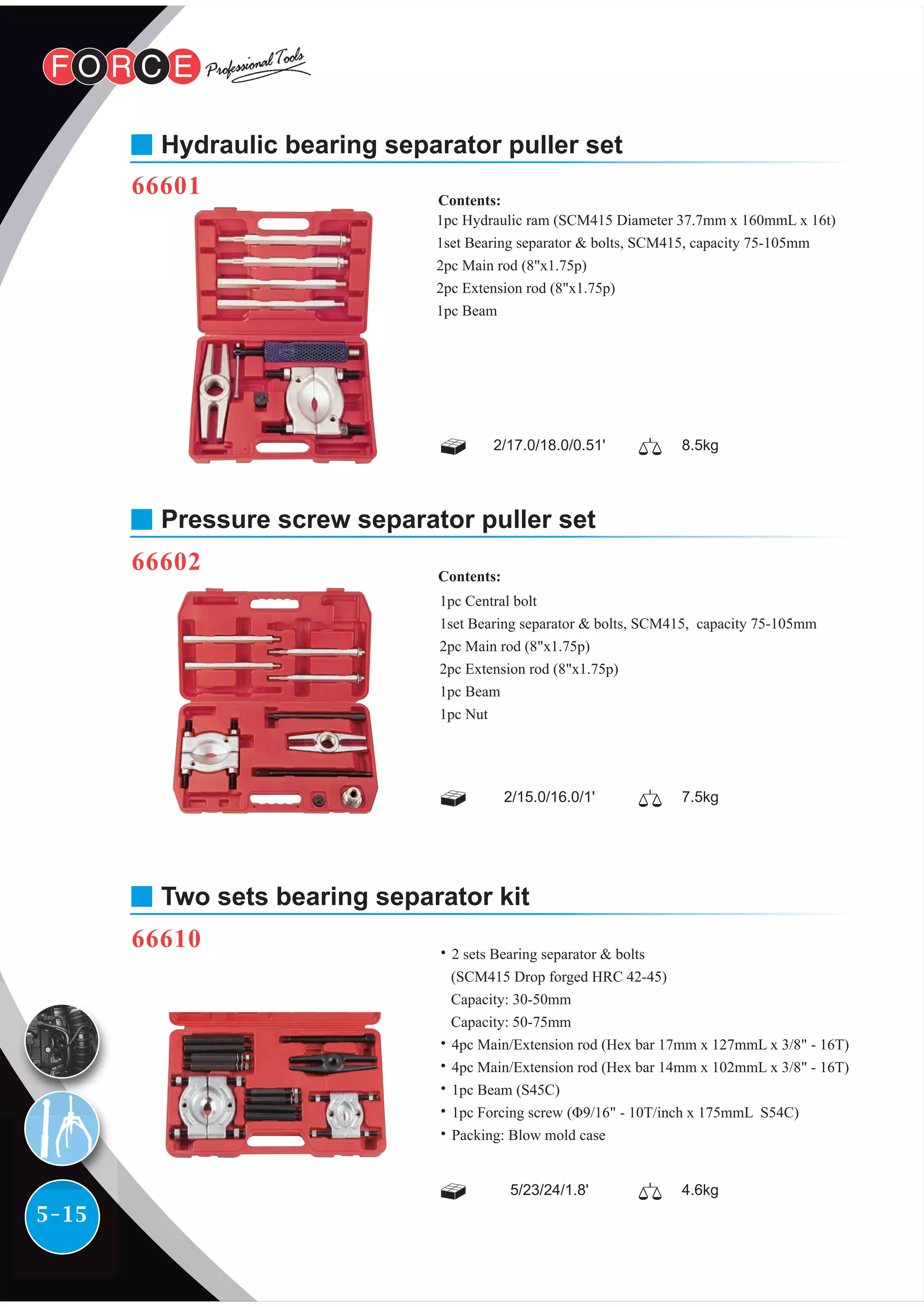 5-15
66601
Hydraulic bearing separator puller set
66602
Pressure screw separator puller set
2/15.0/16.0/1' 7.5kg
1pc Central bolt
1set Bearing separator & bolts, SCM415, capacity 75-105mm
2pc Main rod (8"x1.75p)
2pc Extension rod (8"x1.75p)
1pc Beam
1pc Nut
Contents:
66610
Two sets bearing separator kit
2/17.0/18.0/0.51' 8.5kg
1pc Hydraulic ram (SCM415 Diameter 37.7mm x 160mmL x 16t)
1set Bearing separator & bolts, SCM415, capacity 75-105mm
2pc Main rod (8"x1.75p)
2pc Extension rod (8"x1.75p)
1pc Beam
Contents:
5/23/24/1.8' 4.6kg
˙2 sets Bearing separator & bolts
(SCM415 Drop forged HRC 42-45)
Capacity: 30-50mm
Capacity: 50-75mm
˙4pc Main/Extension rod (Hex bar 17mm x 127mmL x 3/8" - 16T)
˙4pc Main/Extension rod (Hex bar 14mm x 102mmL x 3/8" - 16T)
˙1pc Beam (S45C)
˙1pc Forcing screw (Φ9/16" - 10T/inch x 175mmL S54C)
˙Packing: Blow mold case
 
