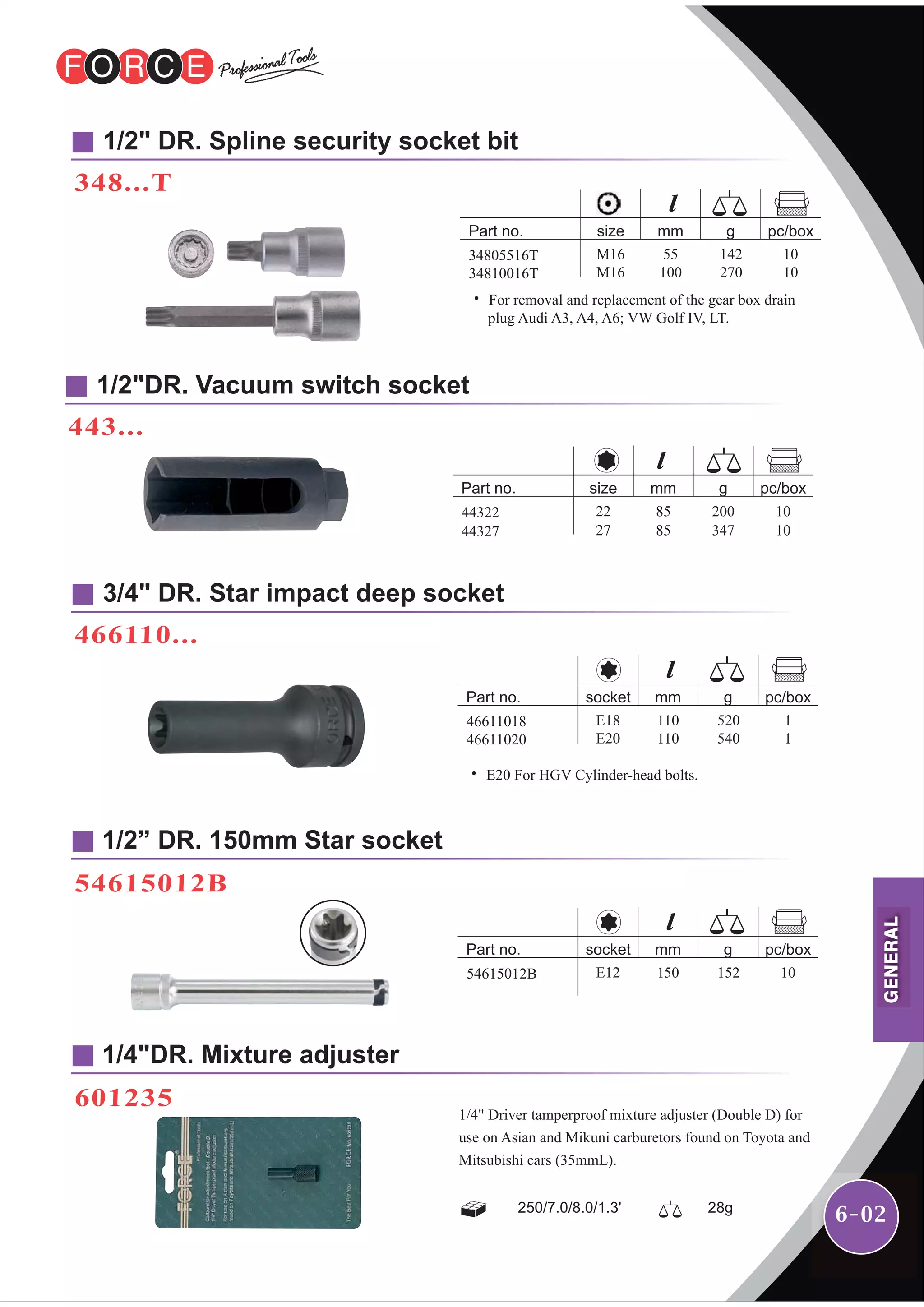 6-02
1/2" DR. Spline security socket bit
348...T
1/2"DR. Vacuum switch socket
443...
3/4" DR. Star impact deep socket
466110...
1/2” DR. 150mm Star socket
54615012B
1/4"DR. Mixture adjuster
601235
44322 22
Part no. gsize mm pc/box
85 200 10
44327 27 85 347 10
34805516T
34810016T
M16
M16
Part no. gsize mm pc/box
55
100
142
270
10
10
˙ For removal and replacement of the gear box drain
plug Audi A3, A4, A6; VW Golf IV, LT.
46611018
46611020
E18
E20
Part no. gsocket mm pc/box
110
110
520
540
1
1
˙ E20 For HGV Cylinder-head bolts.
54615012B E12
Part no. gsocket mm pc/box
150 152 10
250/7.0/8.0/1.3' 28g
1/4" Driver tamperproof mixture adjuster (Double D) for
use on Asian and Mikuni carburetors found on Toyota and
Mitsubishi cars (35mmL).
GENERAL
 