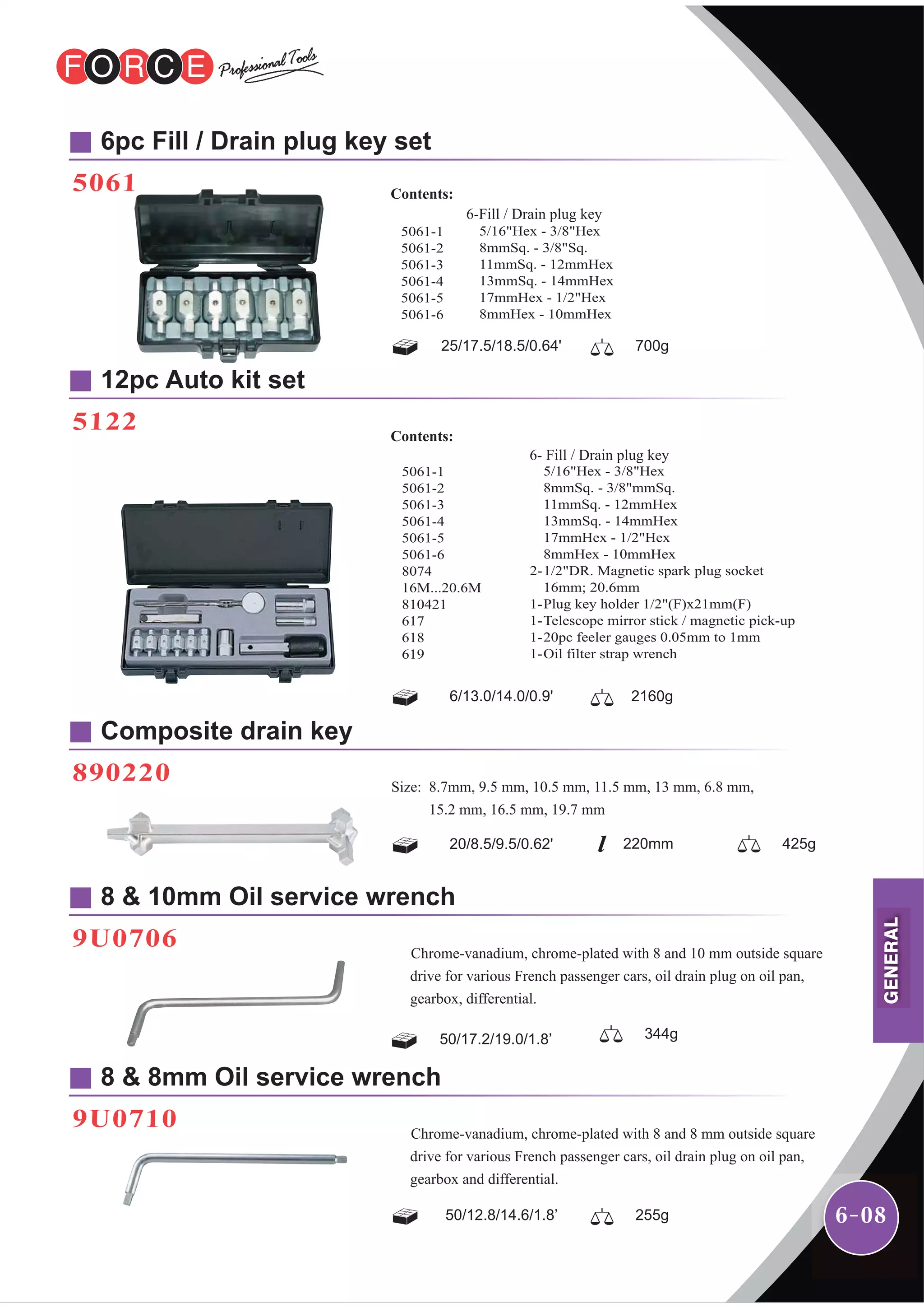 6-08
6pc Fill / Drain plug key set
5061
12pc Auto kit set
5122
5/16"Hex - 3/8"Hex
8mmSq. - 3/8"Sq.
11mmSq. - 12mmHex
13mmSq. - 14mmHex
17mmHex - 1/2"Hex
8mmHex - 10mmHex
5061-1
5061-2
5061-3
5061-4
5061-5
5061-6
6-Fill / Drain plug key
Contents:
25/17.5/18.5/0.64' 700g
5/16"Hex - 3/8"Hex
8mmSq. - 3/8"mmSq.
11mmSq. - 12mmHex
13mmSq. - 14mmHex
17mmHex - 1/2"Hex
8mmHex - 10mmHex
1/2"DR. Magnetic spark plug socket
16mm; 20.6mm
Plug key holder 1/2"(F)x21mm(F)
Telescope mirror stick / magnetic pick-up
20pc feeler gauges 0.05mm to 1mm
Oil filter strap wrench
2-
1-
1-
1-
1-
5061-1
5061-2
5061-3
5061-4
5061-5
5061-6
8074
16M...20.6M
810421
617
618
619
6- Fill / Drain plug key
Contents:
6/13.0/14.0/0.9' 2160g
8 & 10mm Oil service wrench
9U0706
50/17.2/19.0/1.8’
Chrome-vanadium, chrome-plated with 8 and 10 mm outside square
drive for various French passenger cars, oil drain plug on oil pan,
gearbox, differential.
8 & 8mm Oil service wrench
9U0710
50/12.8/14.6/1.8’ 255g
Chrome-vanadium, chrome-plated with 8 and 8 mm outside square
drive for various French passenger cars, oil drain plug on oil pan,
gearbox and differential.
Composite drain key
890220 Size: 8.7mm, 9.5 mm, 10.5 mm, 11.5 mm, 13 mm, 6.8 mm,
15.2 mm, 16.5 mm, 19.7 mm
20/8.5/9.5/0.62' 220mm 425g
344g
GENERAL
 