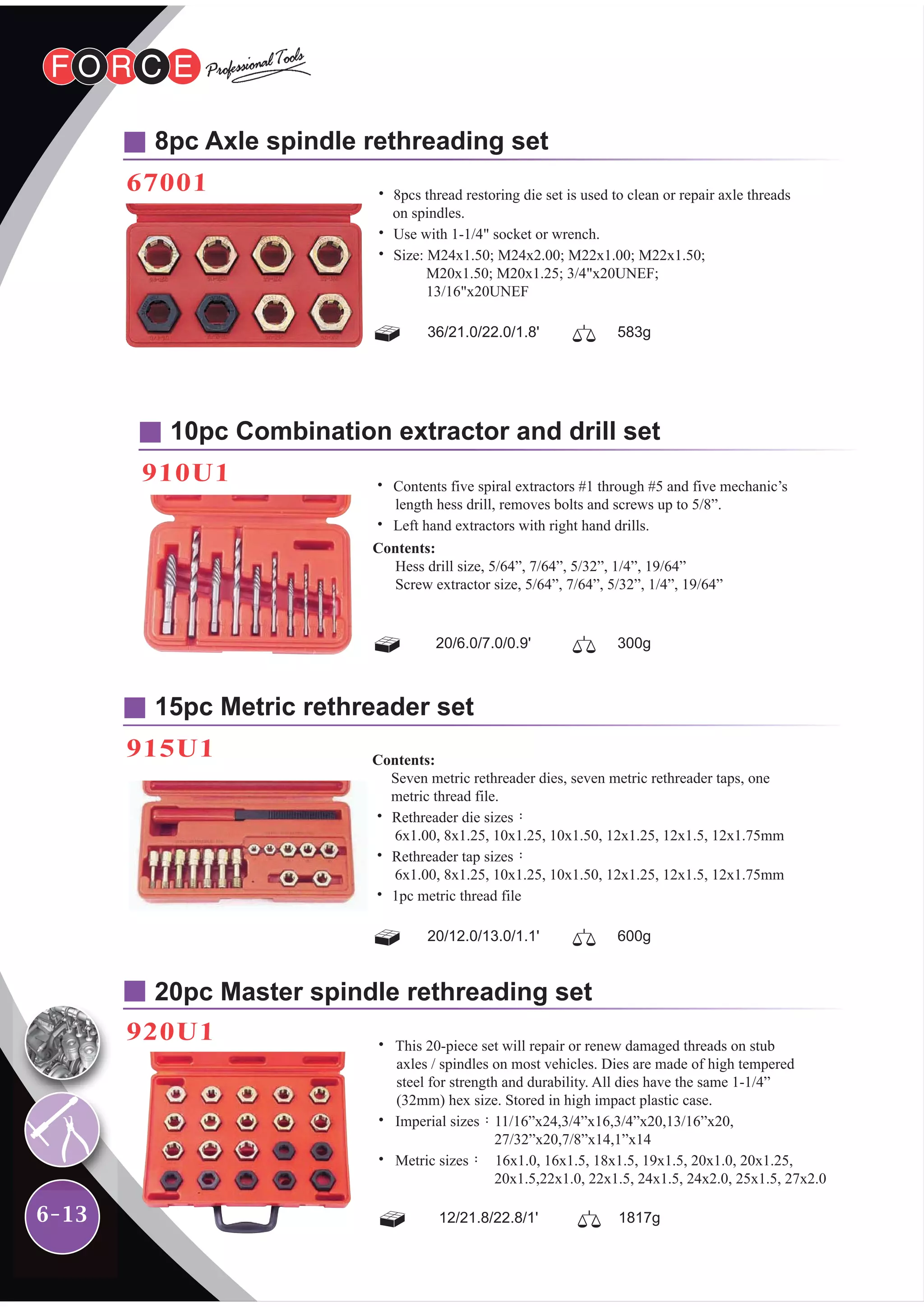 6-13
8pc Axle spindle rethreading set
67001
10pc Combination extractor and drill set
910U1
15pc Metric rethreader set
915U1
36/21.0/22.0/1.8' 583g
20/6.0/7.0/0.9' 300g
20/12.0/13.0/1.1' 600g
˙ 8pcs thread restoring die set is used to clean or repair axle threads
on spindles.
˙ Use with 1-1/4" socket or wrench.
˙ Size: M24x1.50; M24x2.00; M22x1.00; M22x1.50;
M20x1.50; M20x1.25; 3/4"x20UNEF;
13/16"x20UNEF
˙ Contents five spiral extractors #1 through #5 and five mechanic’s
length hess drill, removes bolts and screws up to 5/8”.
˙ Left hand extractors with right hand drills.
Contents:
Hess drill size, 5/64”, 7/64”, 5/32”, 1/4”, 19/64”
Screw extractor size, 5/64”, 7/64”, 5/32”, 1/4”, 19/64”
Contents:
Seven metric rethreader dies, seven metric rethreader taps, one
metric thread file.
˙ Rethreader die sizes：
6x1.00, 8x1.25, 10x1.25, 10x1.50, 12x1.25, 12x1.5, 12x1.75mm
˙ Rethreader tap sizes：
6x1.00, 8x1.25, 10x1.25, 10x1.50, 12x1.25, 12x1.5, 12x1.75mm
˙ 1pc metric thread file
20pc Master spindle rethreading set
920U1
12/21.8/22.8/1' 1817g
˙ This 20-piece set will repair or renew damaged threads on stub
axles / spindles on most vehicles. Dies are made of high tempered
steel for strength and durability. All dies have the same 1-1/4”
(32mm) hex size. Stored in high impact plastic case.
˙ Imperial sizes：11/16”x24,3/4”x16,3/4”x20,13/16”x20,
27/32”x20,7/8”x14,1”x14
˙ Metric sizes： 16x1.0, 16x1.5, 18x1.5, 19x1.5, 20x1.0, 20x1.25,
20x1.5,22x1.0, 22x1.5, 24x1.5, 24x2.0, 25x1.5, 27x2.0
 