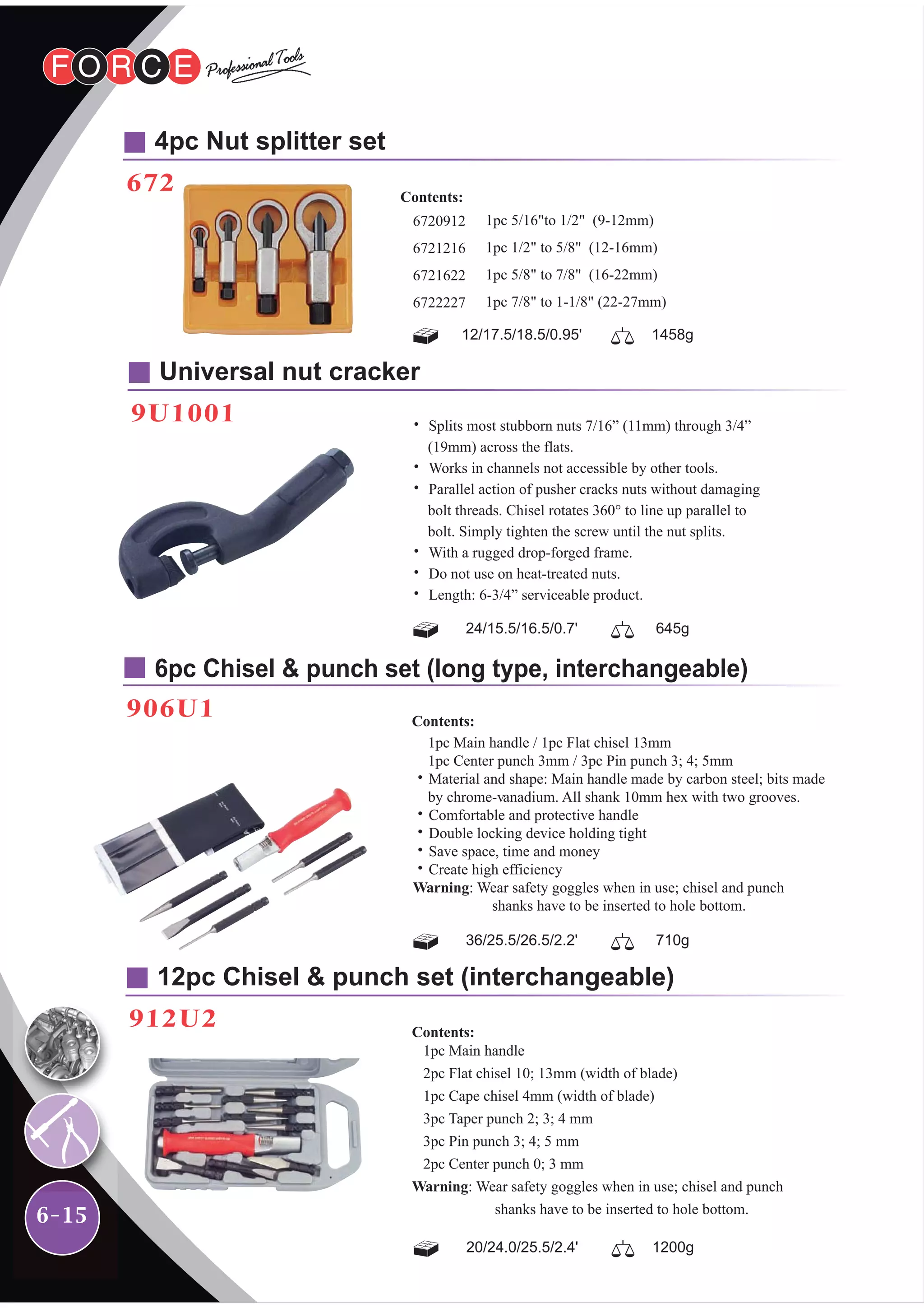 6-15
4pc Nut splitter set
672
12pc Chisel & punch set (interchangeable)
912U2
Universal nut cracker
9U1001
6pc Chisel & punch set (long type, interchangeable)
906U1
24/15.5/16.5/0.7' 645g
˙ Splits most stubborn nuts 7/16” (11mm) through 3/4”
(19mm) across the flats.
˙ Works in channels not accessible by other tools.
˙ Parallel action of pusher cracks nuts without damaging
bolt threads. Chisel rotates 360° to line up parallel to
bolt. Simply tighten the screw until the nut splits.
˙ With a rugged drop-forged frame.
˙ Do not use on heat-treated nuts.
˙ Length: 6-3/4” serviceable product.
36/25.5/26.5/2.2' 710g
1pc Main handle / 1pc Flat chisel 13mm
1pc Center punch 3mm / 3pc Pin punch 3; 4; 5mm
˙Material and shape: Main handle made by carbon steel; bits made
by chrome-vanadium. All shank 10mm hex with two grooves.
˙Comfortable and protective handle
˙Double locking device holding tight
˙Save space, time and money
˙Create high efficiency
Warning: Wear safety goggles when in use; chisel and punch
shanks have to be inserted to hole bottom.
Contents:
20/24.0/25.5/2.4' 1200g
1pc Main handle
2pc Flat chisel 10; 13mm (width of blade)
1pc Cape chisel 4mm (width of blade)
3pc Taper punch 2; 3; 4 mm
3pc Pin punch 3; 4; 5 mm
2pc Center punch 0; 3 mm
Warning: Wear safety goggles when in use; chisel and punch
shanks have to be inserted to hole bottom.
Contents:
12/17.5/18.5/0.95' 1458g
6720912
6721216
6721622
6722227
1pc 5/16"to 1/2" (9-12mm)
1pc 1/2" to 5/8" (12-16mm)
1pc 5/8" to 7/8" (16-22mm)
1pc 7/8" to 1-1/8" (22-27mm)
Contents:
 