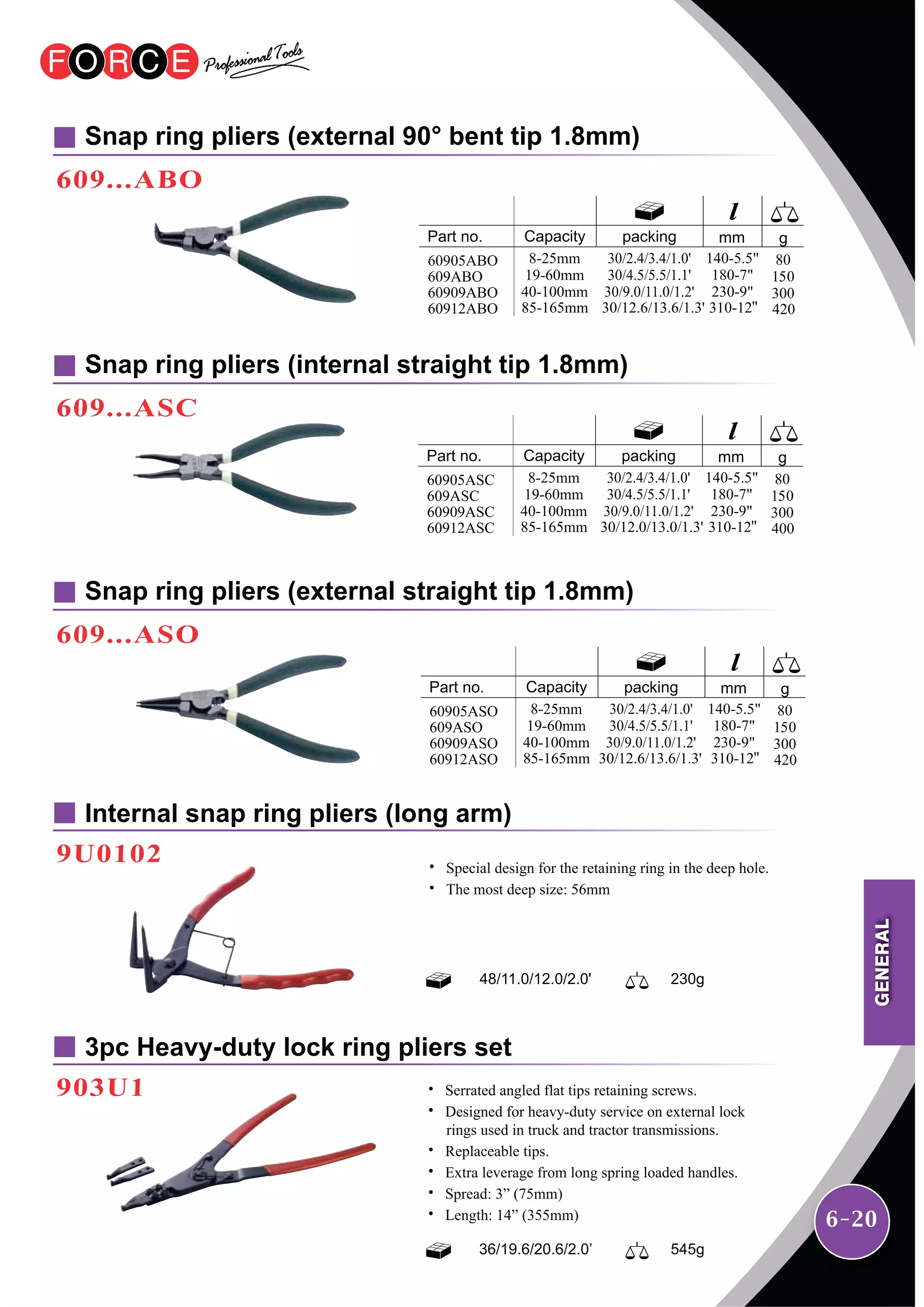 6-20
609...ABO
Snap ring pliers (external 90° bent tip 1.8mm)
Internal snap ring pliers (long arm)
9U0102
3pc Heavy-duty lock ring pliers set
903U1
609...ASC
Snap ring pliers (internal straight tip 1.8mm)
609...ASO
Snap ring pliers (external straight tip 1.8mm)
36/19.6/20.6/2.0’ 545g
˙ Serrated angled flat tips retaining screws.
˙ Designed for heavy-duty service on external lock
rings used in truck and tractor transmissions.
˙ Replaceable tips.
˙ Extra leverage from long spring loaded handles.
˙ Spread: 3” (75mm)
˙ Length: 14” (355mm)
48/11.0/12.0/2.0' 230g
˙ Special design for the retaining ring in the deep hole.
˙ The most deep size: 56mm GENERAL
60905ASC
609ASC
60909ASC
60912ASC 85-165mm 310-12 400
60905ABO
609ABO
60909ABO
60912ABO 85-165mm 310-12 420
60905ASO
609ASO
60909ASO
60912ASO 85-165mm 310-12 420
30/12.0/13.0/1.3'
30/12.6/13.6/1.3'
30/12.6/13.6/1.3'
 