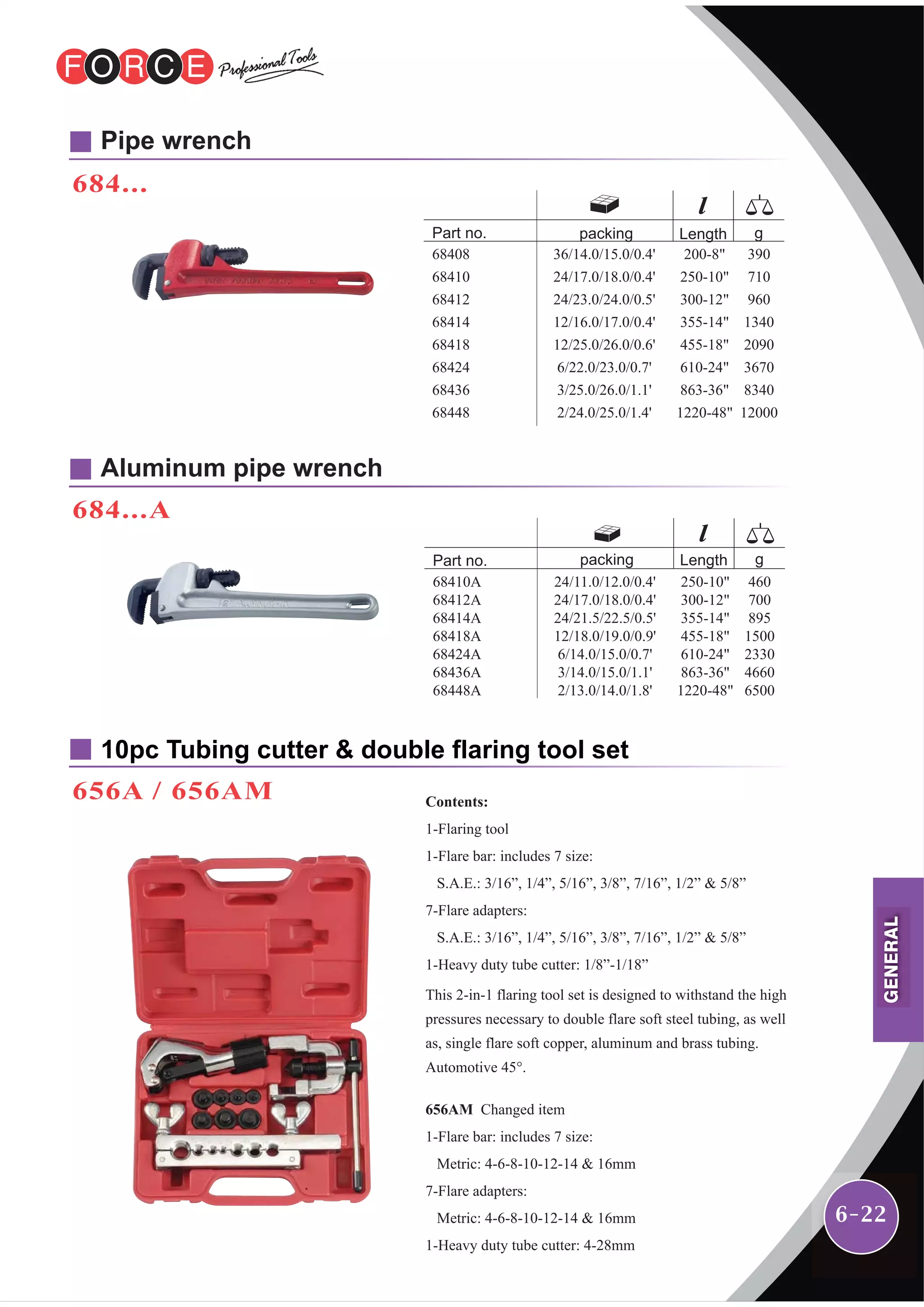 6-22
684...
Pipe wrench
10pc Tubing cutter & double flaring tool set
656A / 656AM
684...A
Aluminum pipe wrench
36/14.0/15.0/0.4'
24/17.0/18.0/0.4'
24/23.0/24.0/0.5'
12/16.0/17.0/0.4'
12/25.0/26.0/0.6'
6/22.0/23.0/0.7'
3/25.0/26.0/1.1'
2/24.0/25.0/1.4'
68408
68410
68412
68414
68418
68424
68436
68448
Part no. gLength
200-8"
250-10"
300-12"
355-14"
455-18"
610-24"
863-36"
1220-48"
390
710
960
1340
2090
3670
8340
12000
packing
24/11.0/12.0/0.4'
24/17.0/18.0/0.4'
24/21.5/22.5/0.5'
12/18.0/19.0/0.9'
6/14.0/15.0/0.7'
3/14.0/15.0/1.1'
2/13.0/14.0/1.8'
68410A
68412A
68414A
68418A
68424A
68436A
68448A
Part no. gLength
250-10"
300-12"
355-14"
455-18"
610-24"
863-36"
1220-48"
460
700
895
1500
2330
4660
6500
packing
Contents:
1-Flaring tool
1-Flare bar: includes 7 size:
S.A.E.: 3/16”, 1/4”, 5/16”, 3/8”, 7/16”, 1/2” & 5/8”
7-Flare adapters:
S.A.E.: 3/16”, 1/4”, 5/16”, 3/8”, 7/16”, 1/2” & 5/8”
1-Heavy duty tube cutter: 1/8”-1/18”
This 2-in-1 flaring tool set is designed to withstand the high
pressures necessary to double flare soft steel tubing, as well
as, single flare soft copper, aluminum and brass tubing.
Automotive 45°.
656AM Changed item
1-Flare bar: includes 7 size:
Metric: 4-6-8-10-12-14 & 16mm
7-Flare adapters:
Metric: 4-6-8-10-12-14 & 16mm
1-Heavy duty tube cutter: 4-28mm
GENERAL
 