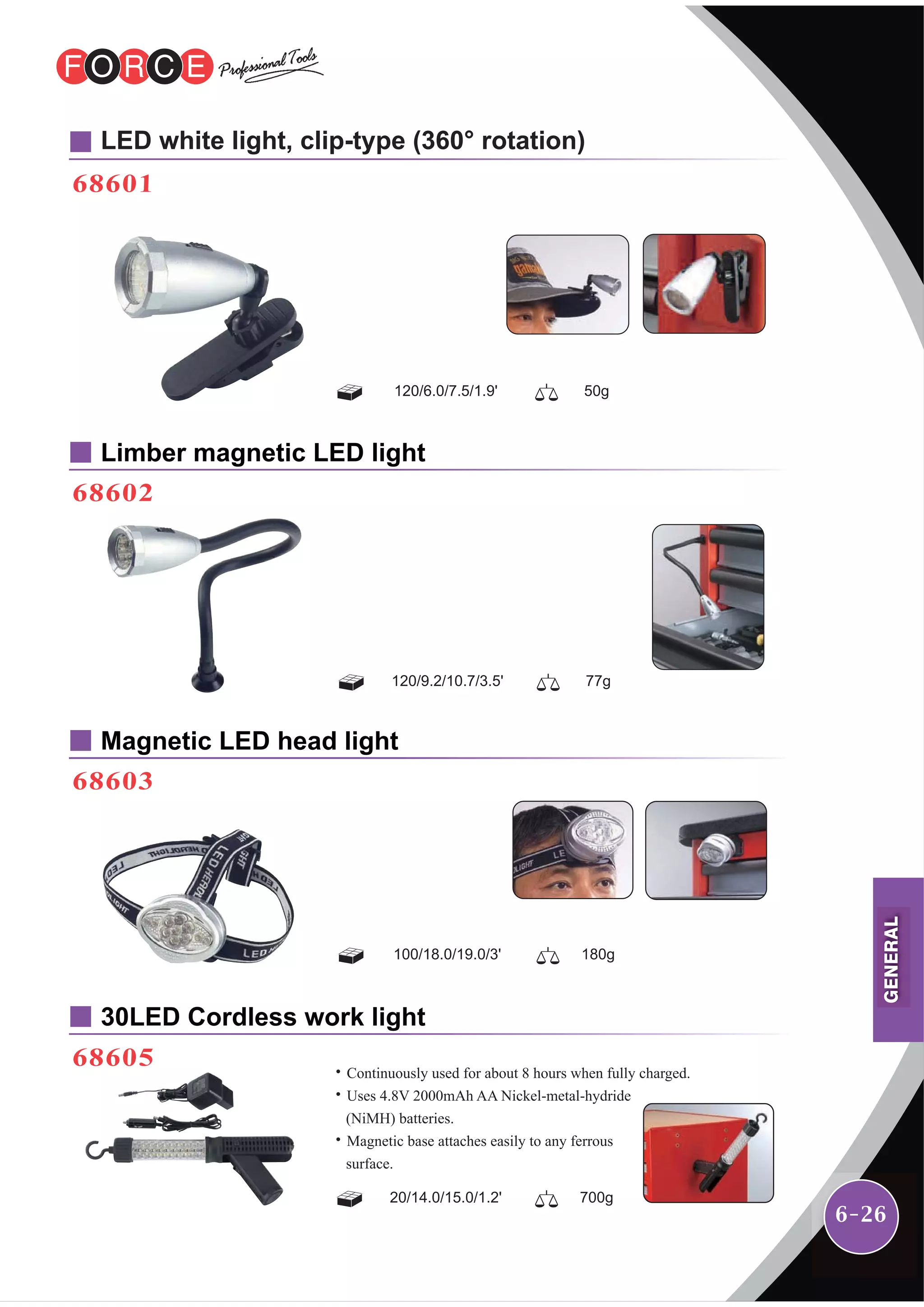 6-26
68601
LED white light, clip-type (360° rotation)
Limber magnetic LED light
68602
Magnetic LED head light
68603
30LED Cordless work light
68605
120/6.0/7.5/1.9' 50g
120/9.2/10.7/3.5' 77g
100/18.0/19.0/3' 180g
20/14.0/15.0/1.2' 700g
˙Continuously used for about 8 hours when fully charged.
˙Uses 4.8V 2000mAh AA Nickel-metal-hydride
(NiMH) batteries.
˙Magnetic base attaches easily to any ferrous
surface.
GENERAL
 