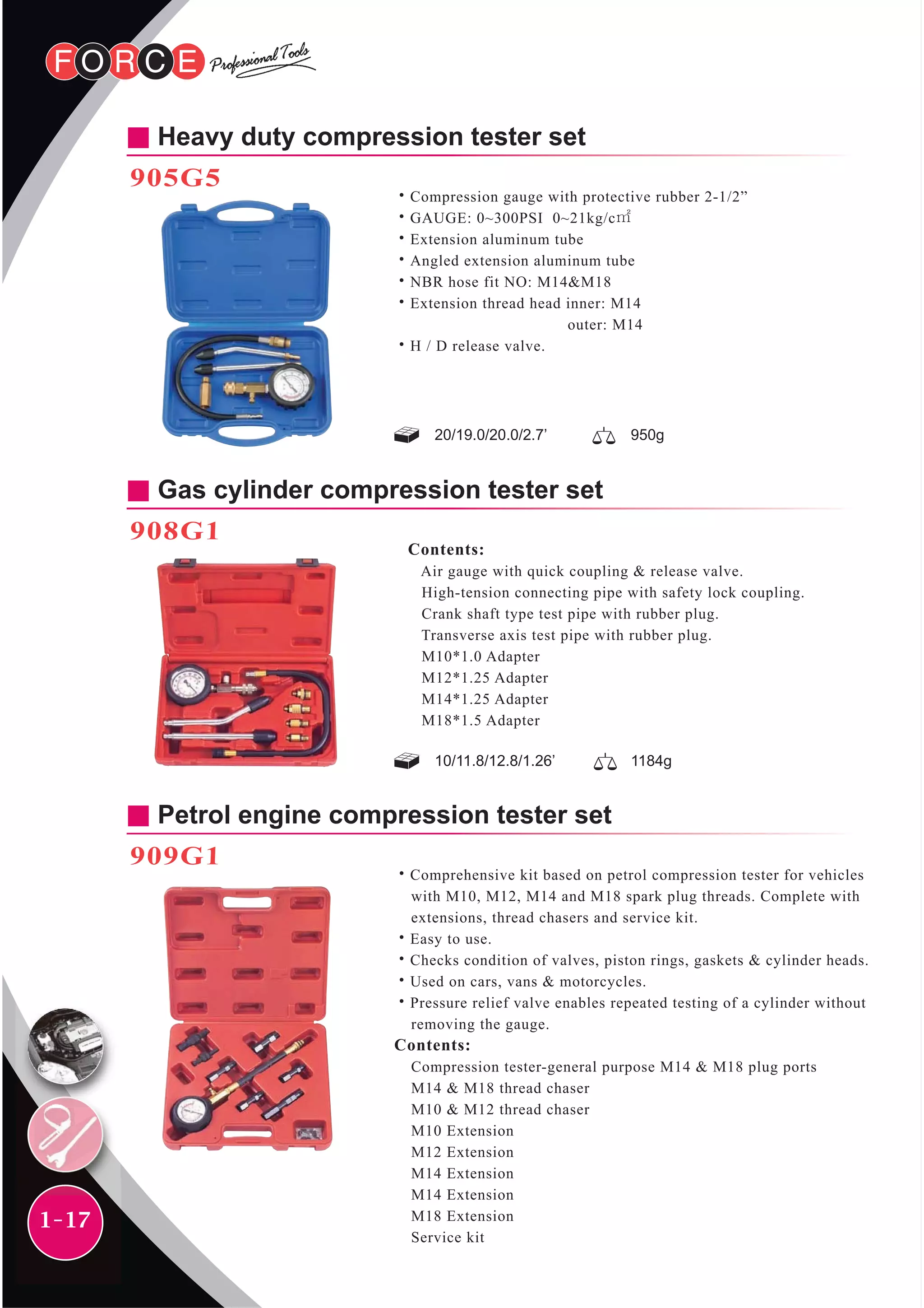 1-17
20/19.0/20.0/2.7’ 950g
905G5
˙Compression gauge with protective rubber 2-1/2”
˙GAUGE: 0~300PSI 0~21kg/c㎡
˙Extension aluminum tube
˙Angled extension aluminum tube
˙NBR hose fit NO: M14&M18
˙Extension thread head inner: M14
outer: M14
˙H / D release valve.
Heavy duty compression tester set
Gas cylinder compression tester set
908G1
Contents:
Air gauge with quick coupling & release valve.
High-tension connecting pipe with safety lock coupling.
Crank shaft type test pipe with rubber plug.
Transverse axis test pipe with rubber plug.
M10*1.0 Adapter
M12*1.25 Adapter
M14*1.25 Adapter
M18*1.5 Adapter
Petrol engine compression tester set
909G1
˙Comprehensive kit based on petrol compression tester for vehicles
with M10, M12, M14 and M18 spark plug threads. Complete with
extensions, thread chasers and service kit.
˙Easy to use.
˙Checks condition of valves, piston rings, gaskets & cylinder heads.
˙Used on cars, vans & motorcycles.
˙Pressure relief valve enables repeated testing of a cylinder without
removing the gauge.
Contents:
Compression tester-general purpose M14 & M18 plug ports
M14 & M18 thread chaser
M10 & M12 thread chaser
M10 Extension
M12 Extension
M14 Extension
M14 Extension
M18 Extension
Service kit
10/11.8/12.8/1.26’ 1184g
 
